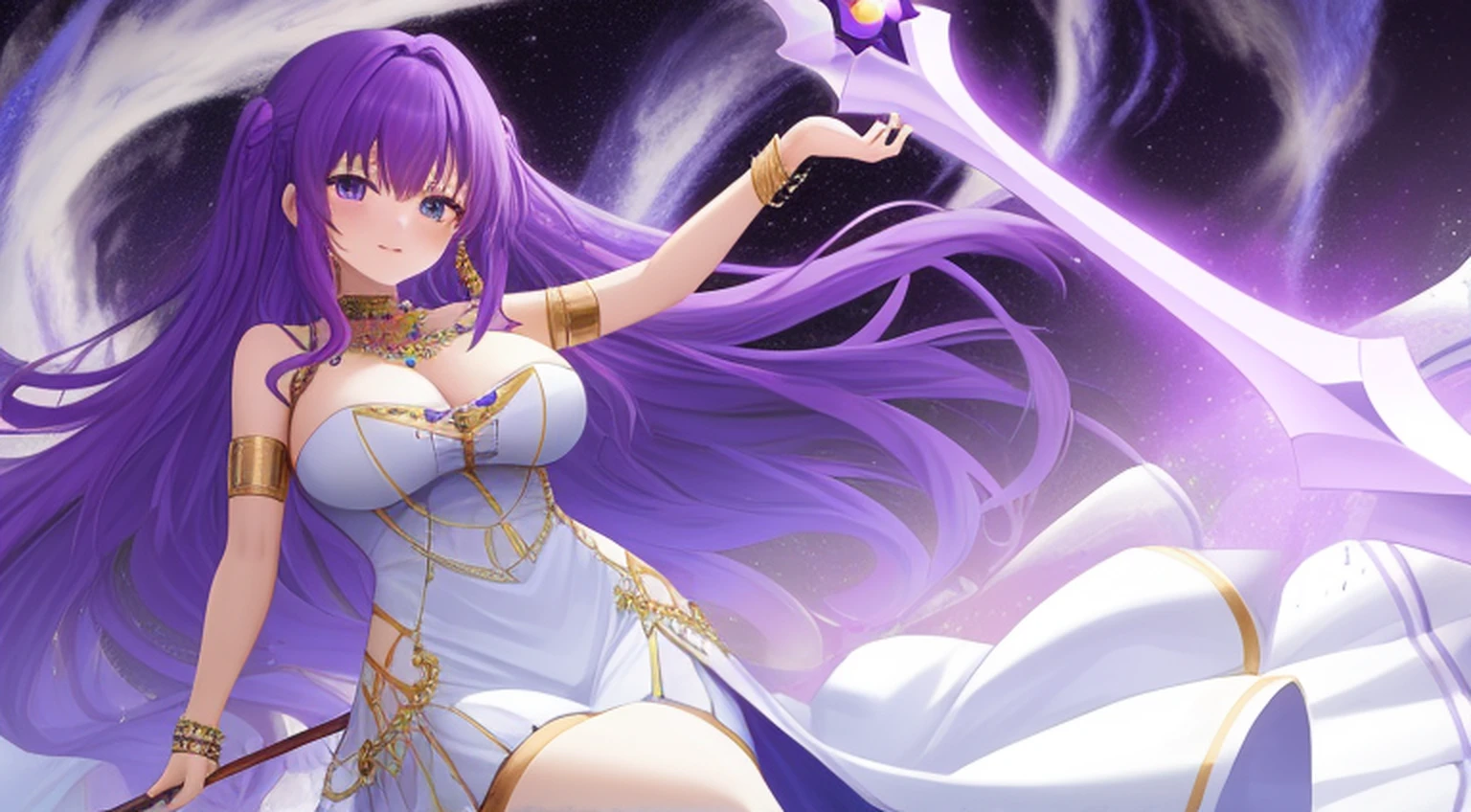 Kido_Saori, big_breasts, purple_hair, blue_eyes, staff, white_dress, armlet, jewelry