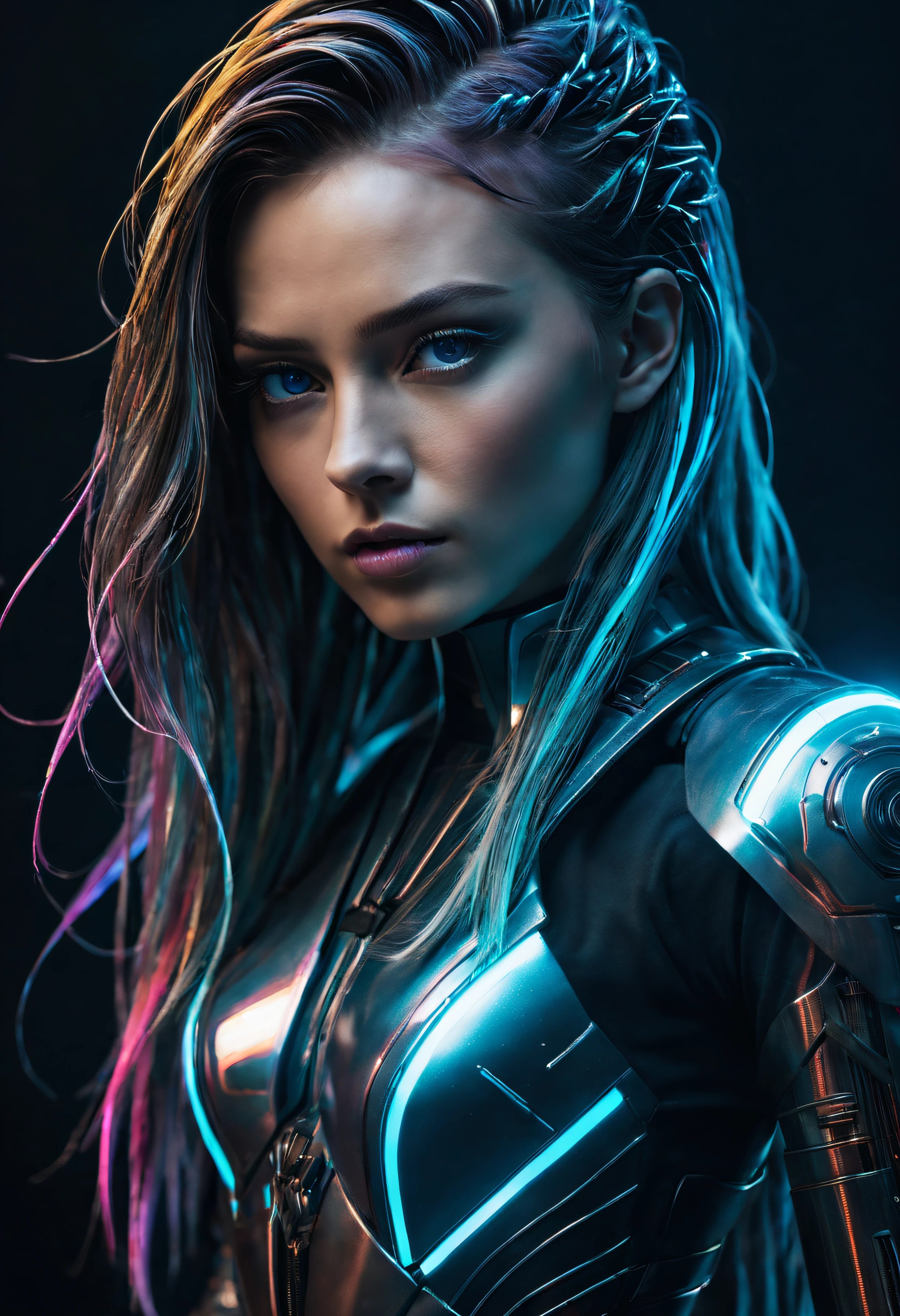 high quality, 8K Ultra HD, full body, have a cyber saber, a mesmerizing 20-year-old woman with a futuristic beauty that seems to transcend time and space, intricately woven into her very being, encased in the cybernetic suit, move with fluidity and precision, Her flowing hair resembles streams of neon lights, casting a vibrant glow that adds a touch of cyberpunk brilliance to her appearance, Each strand of hair is meticulously crafted with holographic patterns that shimmer and shift, creating an ever-changing display of colors, by yukisakura, highly detailed,