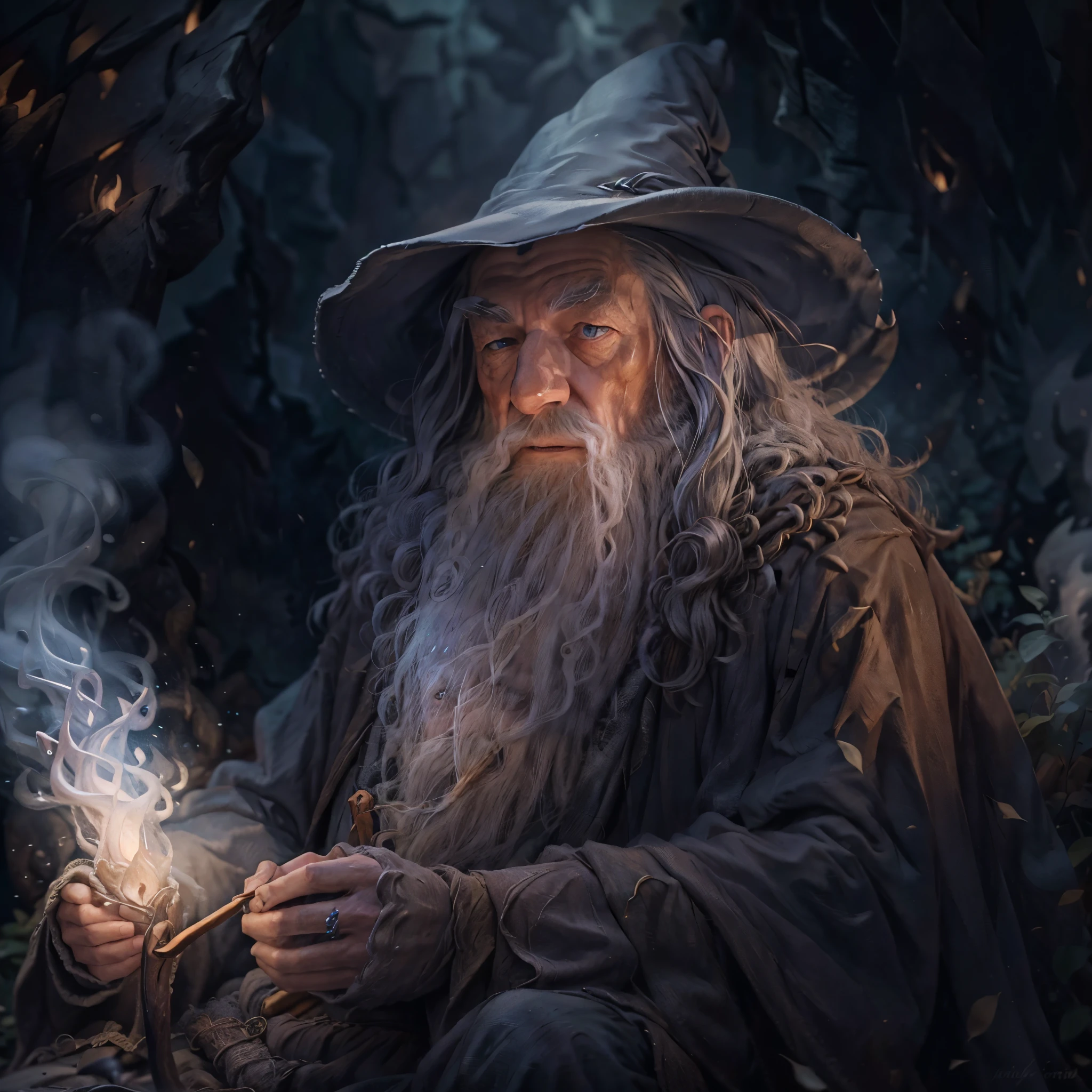 Gandalf, from The Lord of the Rings, sitting in a dark cave, smoking a pipe, illuminated by the embers, ethereal smoke curls, fantasy, hyper-detailed, digital painting, cinematic lighting 4k resolution, atmospheric