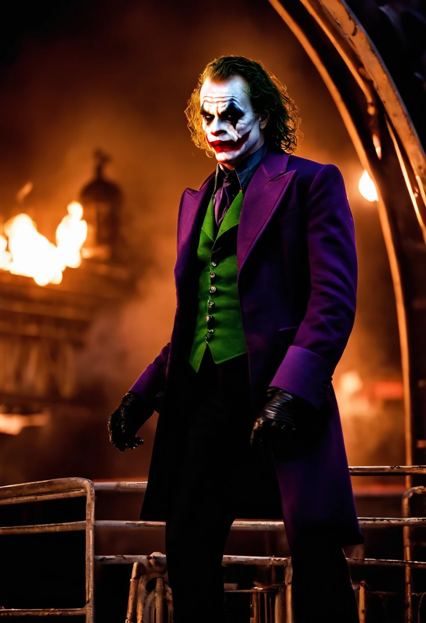 A photo of the Joker standing on top of a burning Ferris wheel at Gotham City's amusement park, surrounded by terrified screams and chaos,The Dark Knight,Heath Ledger’s portrayal of the Joker in “The Dark Knight” is marked by his disheveled, greasy hair, smudged clown makeup, and a chilling, scarred smile that gives him a menacing and unpredictable appearance. His attire, a mismatched suit with a ragged purple coat, adds to his chaotic and anarchistic persona.
