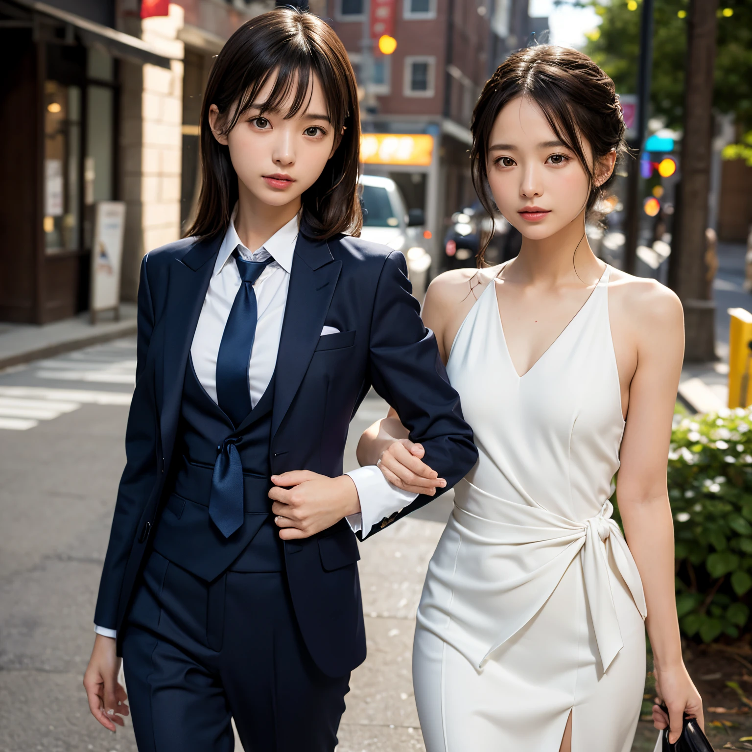 (masutepiece, Best Quality:1.2), 8K, Official art, Full body photo, full body Esbian、Fashionable background、luxurious backdrop、Emma fastening her tie.trouser、Cute smile、cute butt、Suits、A dark-haired、14years、small tits、A delightful、A smile、unbelievable Ridiculous, (Upper body, Dark blue suit:Cute Tie 1.4), Beautiful Girl, Pretty Face, arching back down, cute butt、Gold hair ornament on hair、Wearing a cute suit、close up, Wearing a suit, Short sleeve, gardenia, violaceaess, Teen,, Looking at Viewer, Film grain, chromatic abberation, Sharp Focus, face lights, Dynamic lighting, Cinematic lighting, Eyes and faces with detailed, Bokeh background, (Tie with Emma written on it、1 copy:1.2)