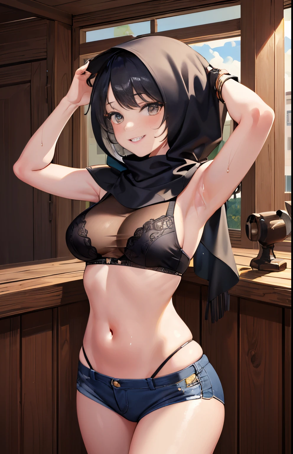 masterpiece, best quality, ultra-detailed, illustration, 1girl, ((looking at viewer)), (cowboy shot), smile,hijabi,
Soaking Wet Clothes And Hair, See-Through Tank Top, Navel, Short Pants, Looking Up The Sky, Brilliant Colorful Paintings