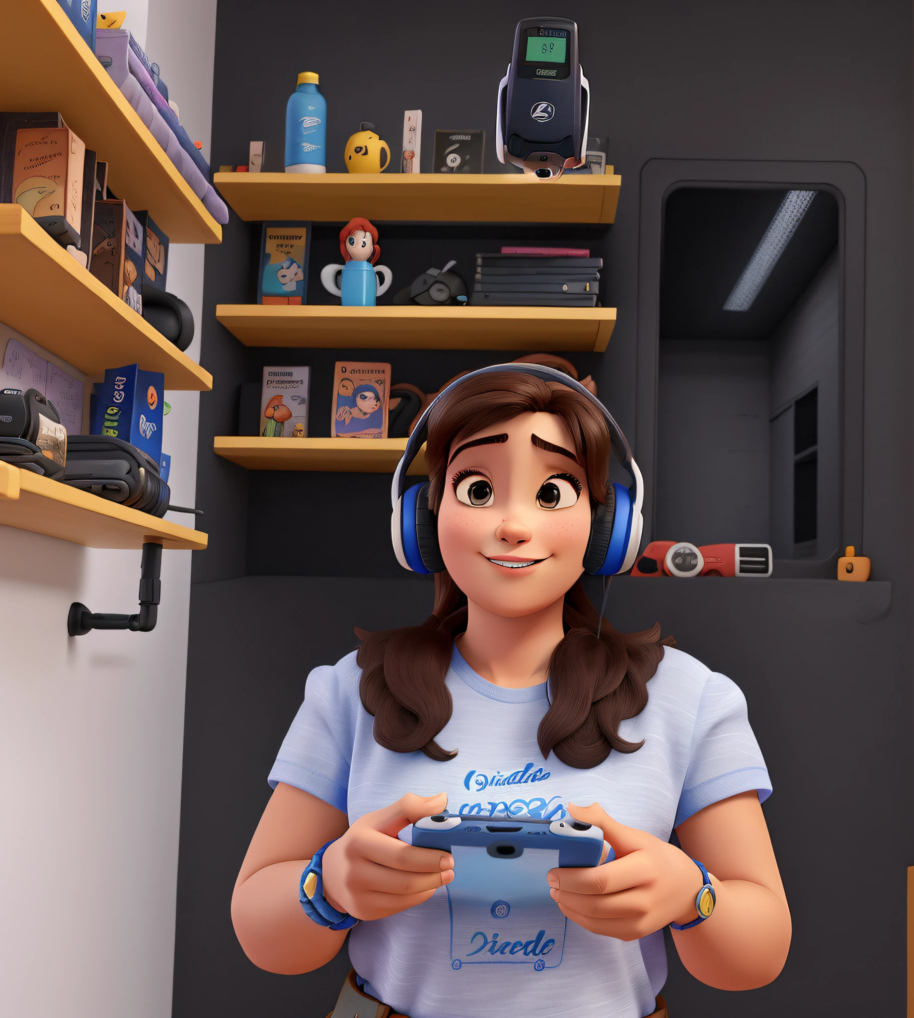 uma mulher no estilo disney pixar usando fones de ouvidos brancos, com a camisa escrito PS, maior qualidade, melhor qualidade