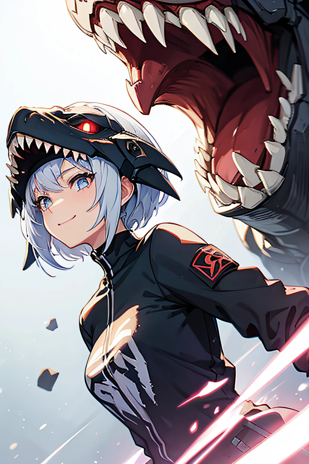 anime beautiful girl smile and cyborged tyrannosaurus