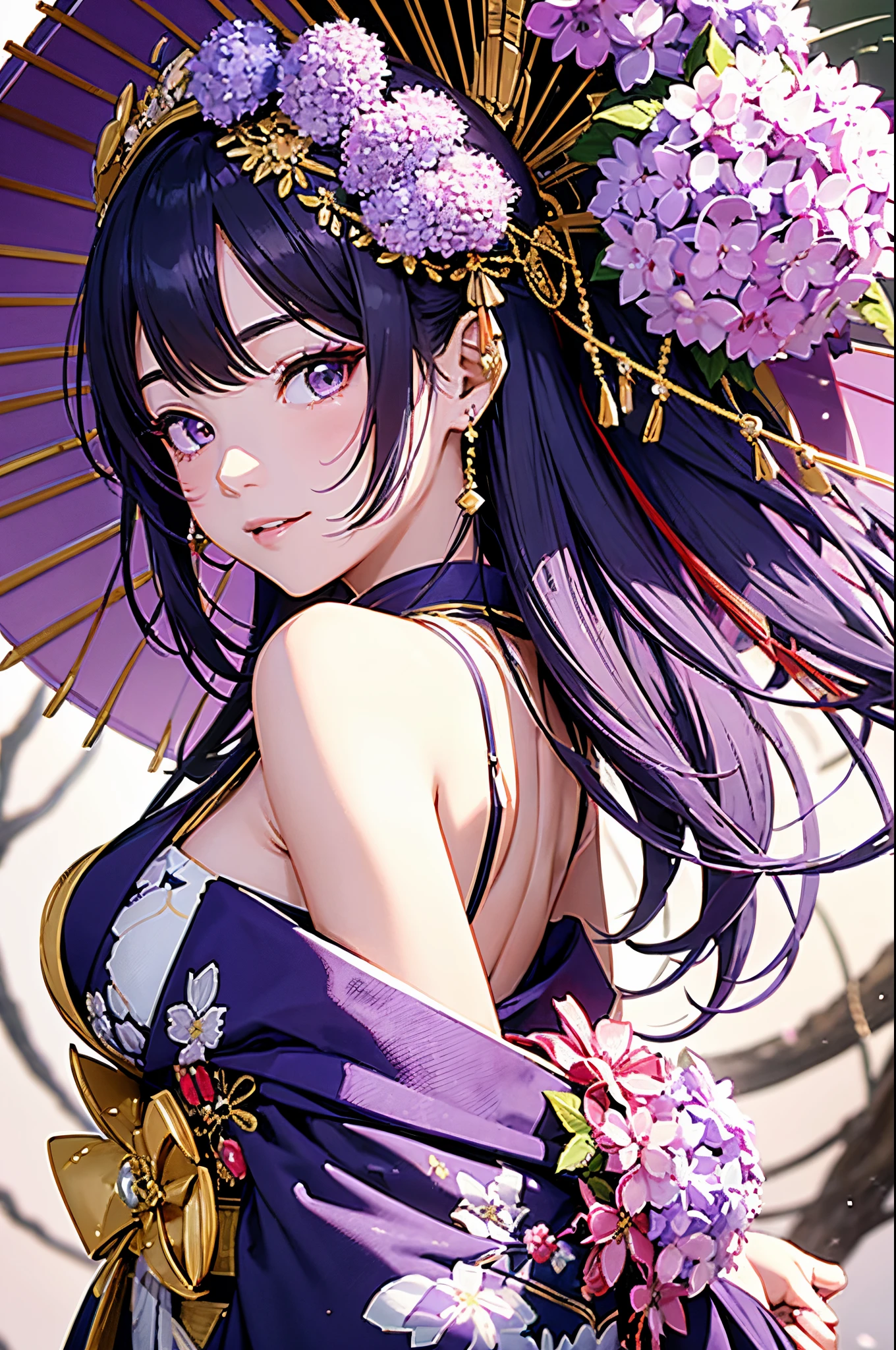 Yoimiya ,
JAPANESE KIMONO, hair ornament, long handle's JAPANESE umbrella , looking back,
old Japanese background, purple hydrangea,
((highly detailed background:1.2)), emphasizing her facial expression and beautiful body lines, excited expression towards the camera, nice hands, perfect hands, more_details:1.5,(masterpiece:1.2), best quality,Yoimiya (Genshin Impact)more_details:-1, more_details:0, more_details:0.5, more_details:1, more_details:1.5