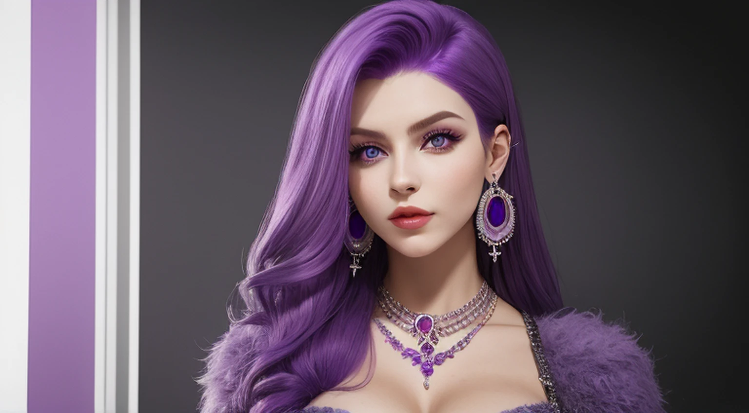 Mirellia_Q_Melromarc, big_breasts, purple_hair, purple_eyes, jewelry, earrings