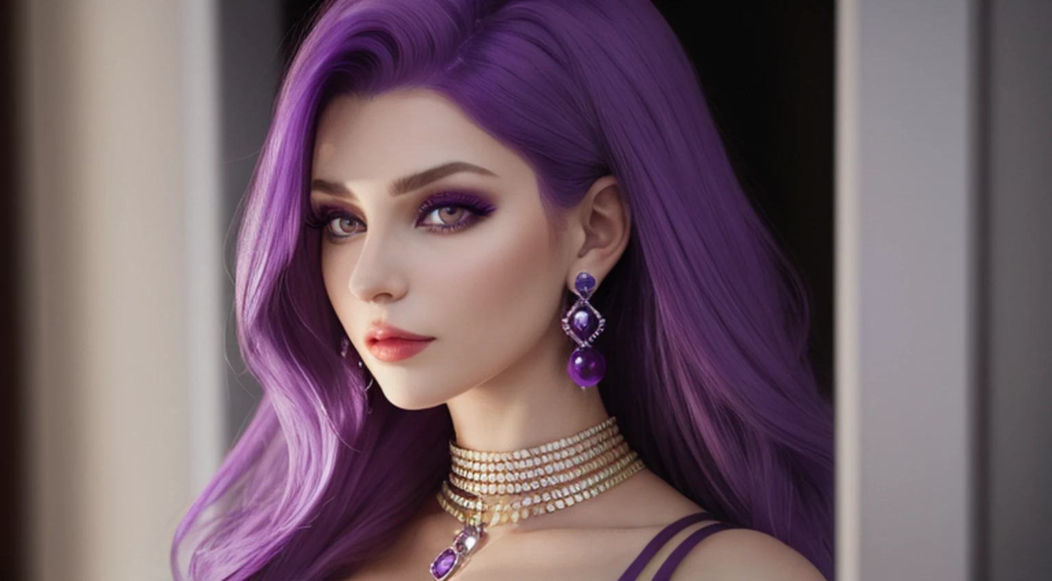 Mirellia_Q_Melromarc, big_breasts, purple_hair, purple_eyes, jewelry, earrings