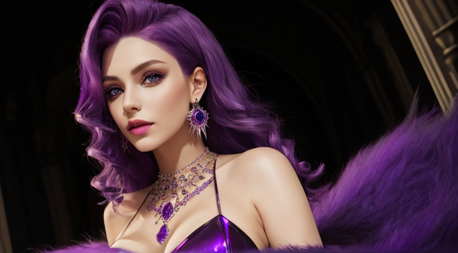 Mirellia_Q_Melromarc, big_breasts, purple_hair, purple_eyes, jewelry, earrings