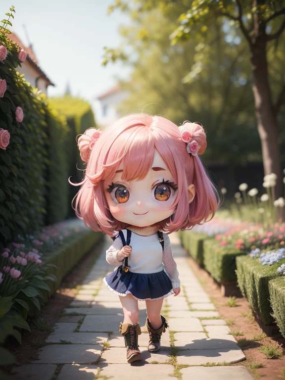Anime chibi cute baby,（Super Obra-Prima、qualidade superior、ultra-detalhada、1 menina em、Chibi：1.5)、Chibi da moda、Modelo de Moda、White Turtleneck Mesh & saia plissada、Botas rendadas、fora de casa、(Rosas azuis:1.1)、(Coloma Rose Garden in Belgium:1.2)、O melhor sorriso、looking at the camera、Um rosto detalhado、highdetailskin、Aqua Blue Sauvage Cabelo、（Chibi：1.4）todas em 8k