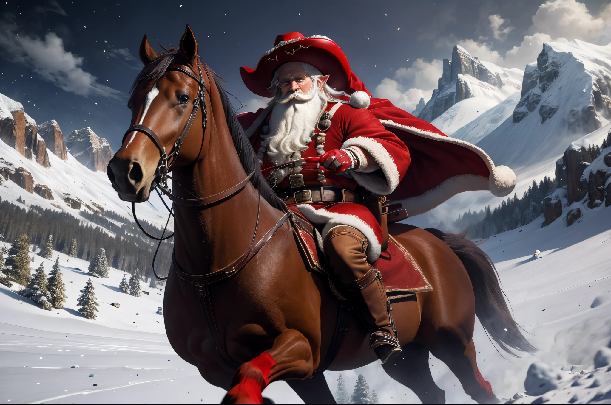 Santa Claus in red fluffy suit, wearing a cowboy hat, while riding on a horse, action shot, background are dwarf elves, pose in the style of Napoleon Crossing the Alps, ultra wide shot, Romanticism, cinematic lighting, UHD, masterpiece, super detail, high quality, award winning, best quality, 8k