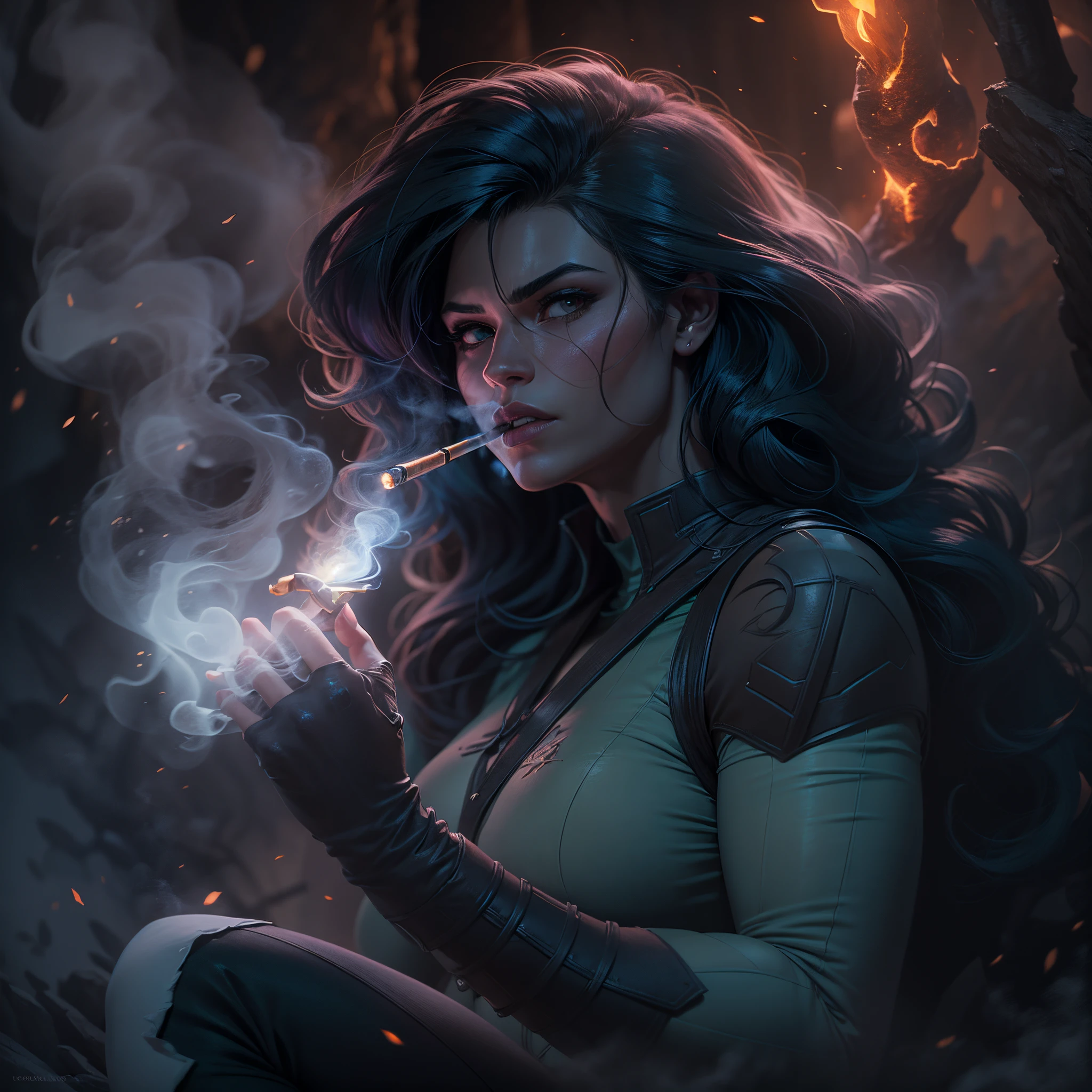 She-Hulk, from Marvel, sitting in a dark cave, smoking a pipe, illuminated by the embers, ethereal smoke curls, fantasy, hyper-detailed, digital painting, cinematic lighting 4k resolution, atmospheric