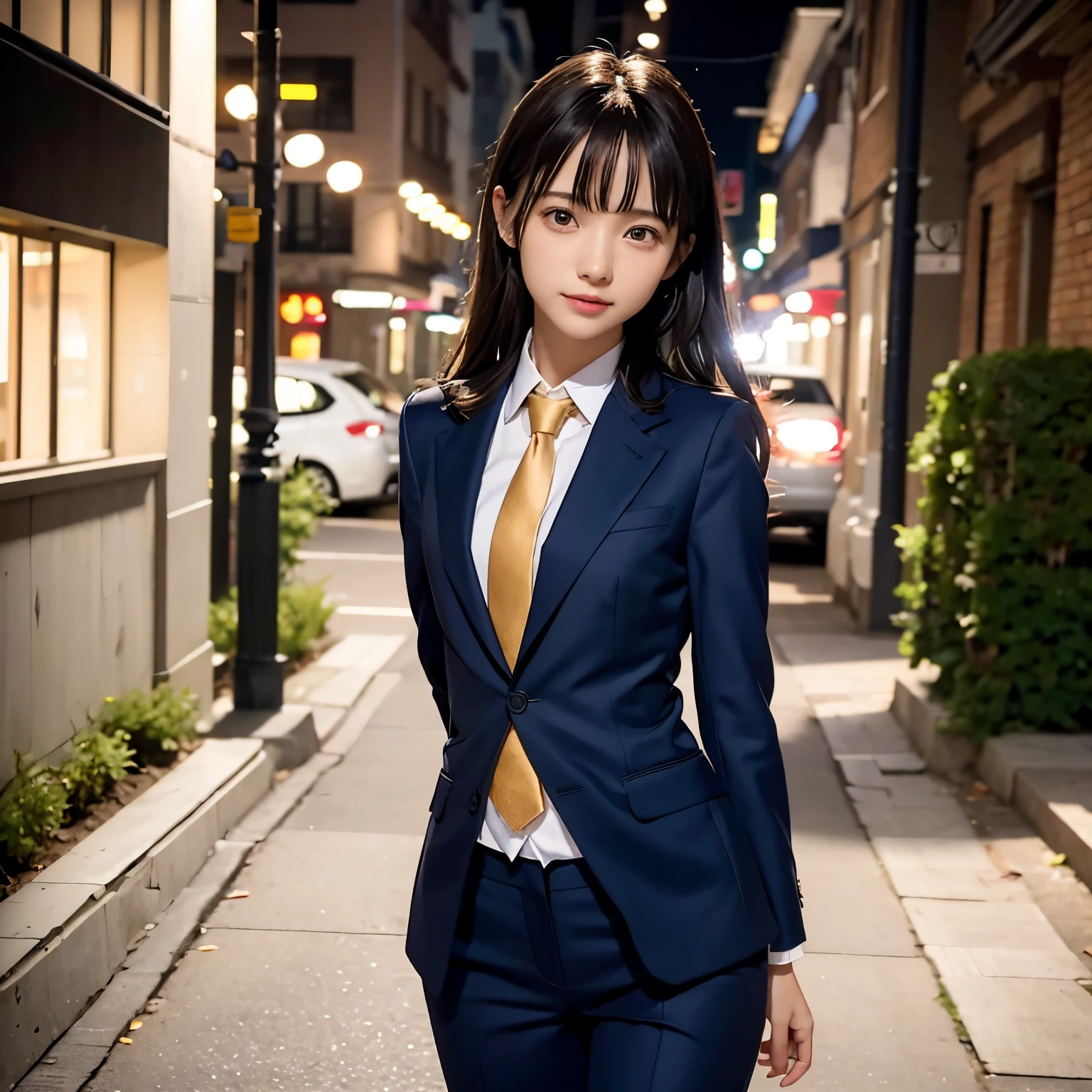 (masutepiece, Best Quality:1.2), 8K, Official art, Full body photo, full body Esbian、Fashionable background、luxurious backdrop、Emma fastening her tie.trouser、Cute smile、cute butt、Suits、A dark-haired、14years、small tits、A delightful、A smile、unbelievable Ridiculous, (Upper body, Dark blue suit:Cute Tie 1.4), Beautiful Girl, Pretty Face, arching back down, cute butt、Gold hair ornament on hair、Wearing a cute suit、close up, Wearing a suit, Short sleeve, gardenia, violaceaess, Teen,, Looking at Viewer, Film grain, chromatic abberation, Sharp Focus, face lights, Dynamic lighting, Cinematic lighting, Eyes and faces with detailed, Bokeh background, (Tie with Emma written on it、1 copy:1.2)