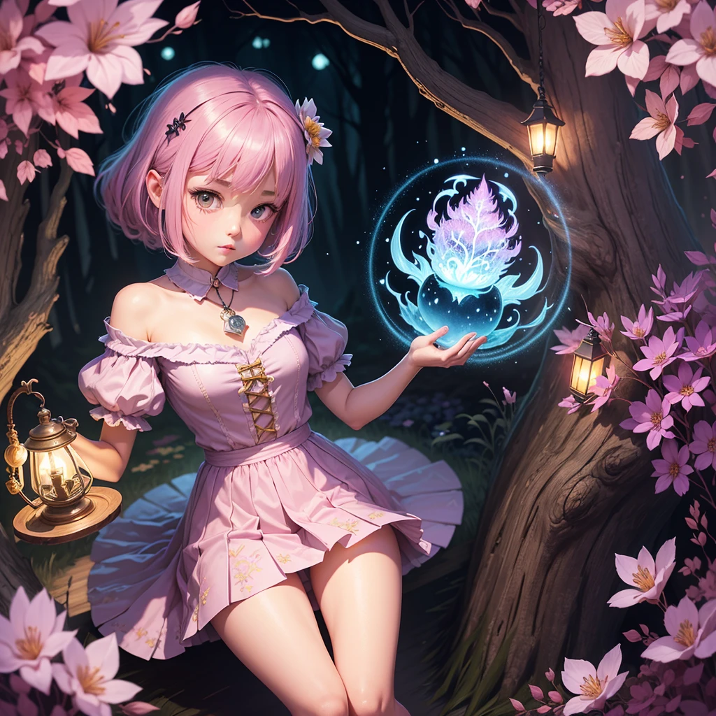 full body, a little witch making cute magic potions, cute flowers, scary trees, 4K resolution, with lamp lights, fantasy, fantasy art, character focus, magic potions detailed, Hand detailed, illustration of a cute girl, cute flowers, scary trees, manga style, kawaii, black, purple, pink, gold, freplace detailed, cute, kawaii, chibi, manga style, illustration, vintage style, epic light, fantasy, fantasy art, watercolor effect, bokeh, adobe illustrator, hand drawn, digital painting, low-poly, retro aesthetic, character focus, 4K resolution, using 4d cinema, white outline, vivid printing, watercolor painting, illustration, 4k, manga style, detailed binding, detailed potions, Tim Burtons The night before Christmas