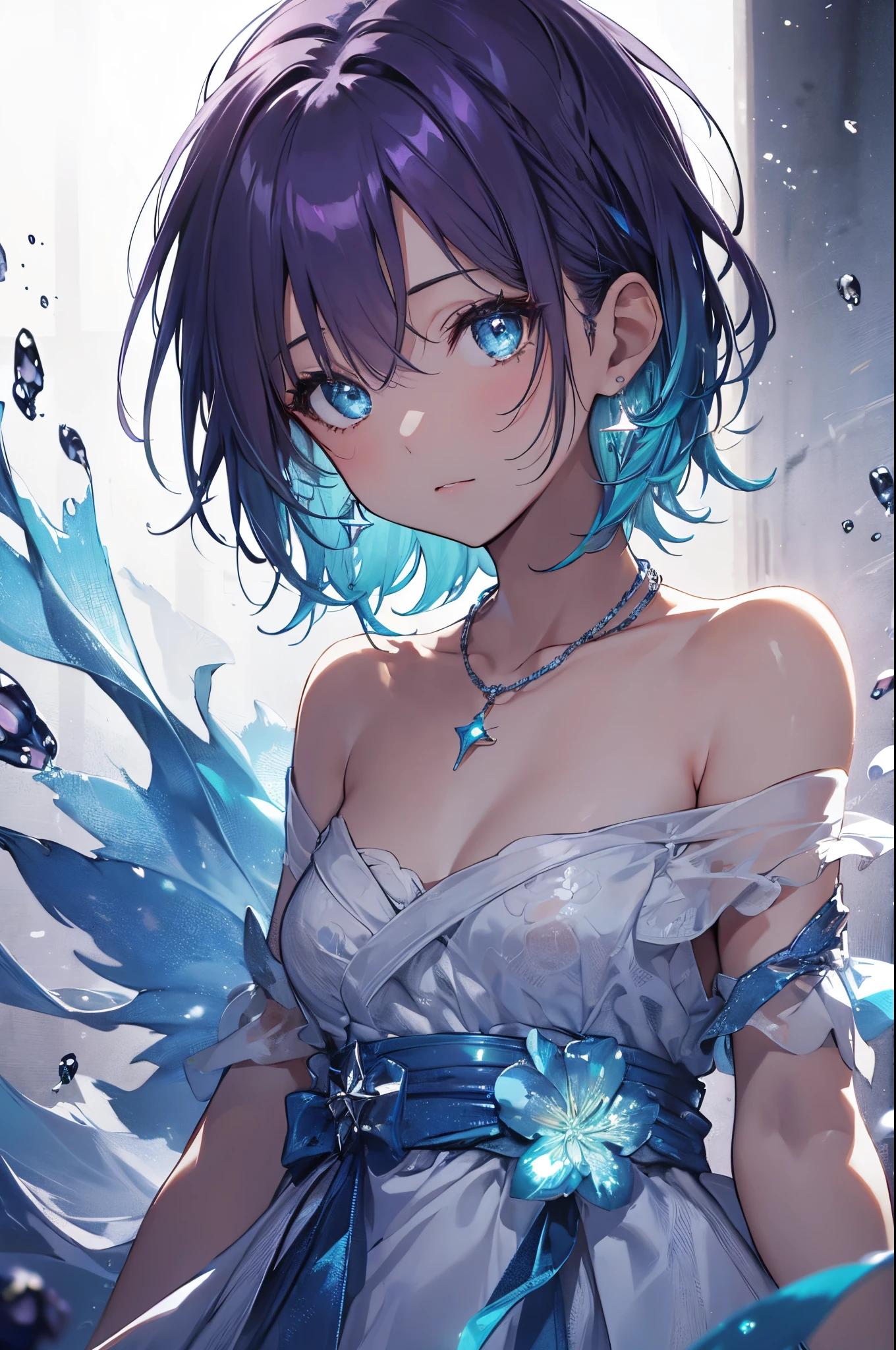 masterpiece, top-quality, illustratio, Saxophone Blue, Platinum Earrings, Platinum Necklace, white dres, 1girl, cute little, (Dynamic lighting:1.2), lighting like a movie, delicated facial features, A detailed eye, Sharp pupils, Realistic pupils, depth of fields, bokeh dof, foco nítido, (ultra-detailliert, Bloom, Glow:1.4), Many Small Gems, looking at the viewers、happiness、Toru Asakura、blue hairs、耳环、gradation hair、multi color hair、Parted bangs、Purple hair、The upper part of the body、Extreme close-up view、HDR、UHD、8K、Glowing eyes, starrysky、sparkling pupils, short cut hair、