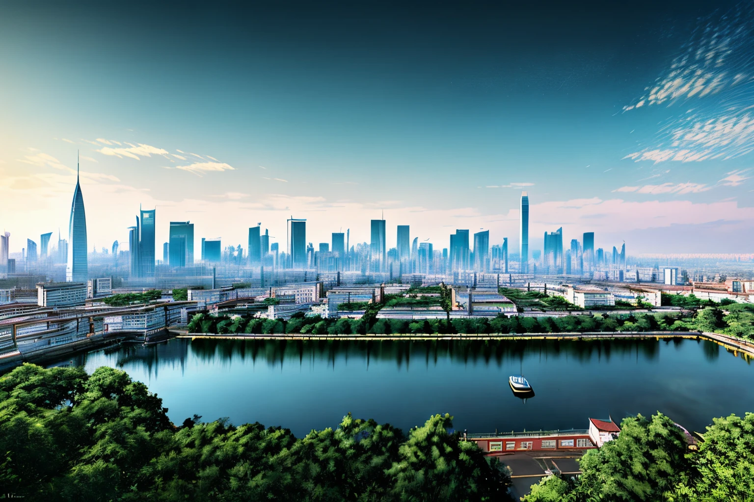 City skyline view with lake and park，Illustrations by Cha Shibiao，shutter inventory，in an art nouveau style，Bombay，Ultra wide view city landscape，beautiful cityscape，Technopolis background, Hou porcelain, There is a city in the background。Inspired by Makoto Shinkai's popular concept art and masterpieces on Pixiv、extremely beautiful reflection，far-sighted（wide wide shot）、超高分辨率（realness：1.4）、Super quality、extremely detaild的 CG unified 8k wallpapers、aesthetics、award winning photography、真实感、high detal、iintricate、The art of travel