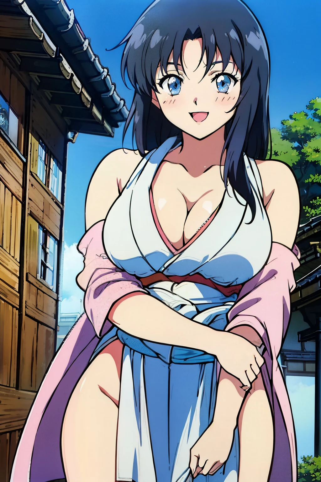 senran kagura, yumi, 1990s anime cels style, best quality, high resolution, outdoors, japan architecture, blush, embarrassed, smile, ;D, 1girl, large breasts, grey hair, japanese cloth
