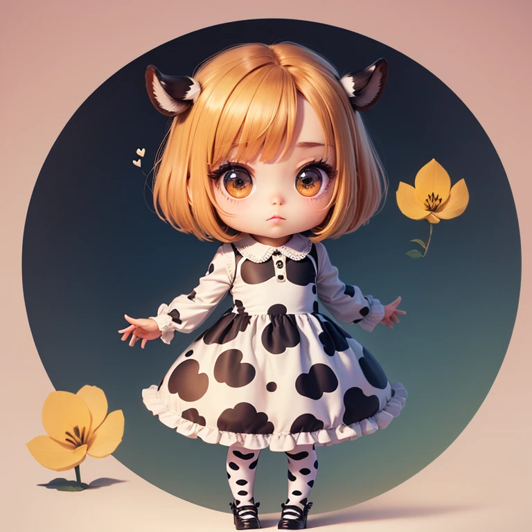 obra prima、qualidade superior、ultra-detalhada、(Chibi Chara:1.2)、solo、Bob Preto、Boina com estampa de leopardo、Vestido com estampa de zebra、Cow print tights、Sapatos Dot Pattern、Monet Flores Wallpaper