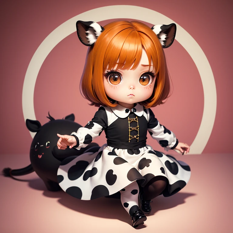 obra prima、qualidade superior、ultra-detalhada、(Chibi Chara:1.2)、solo、Bob Preto、Boina com estampa de leopardo、Vestido com estampa de zebra、Cow print tights、Sapatos Dot Pattern、Monet Flores Wallpaper