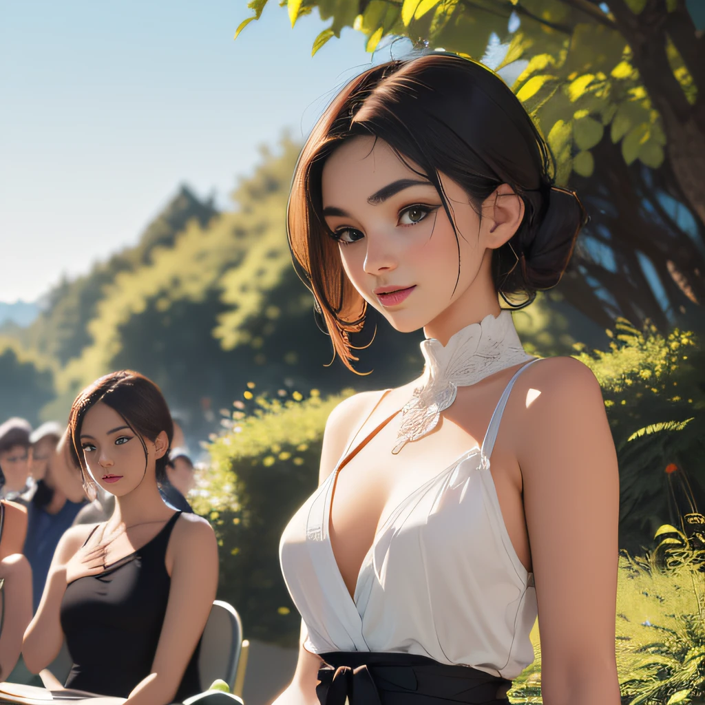 sfw, (Extremely detailed 8k wallpaper:2), (photo:2), (soigne Beautiful girl:2), (gives a lecture to friends:2), detailed (Face and eyes), (hyper realistic:1), (highly detailed:1), (epic realistic:1), rim light, (maximum details:1), cozy, (fullbody:1.3), (looking at viewer:2), (Woman's Attractive Qualities:2), (Attractive Woman:2), (Attractive:2), Smile, Intelligence, Empathy, Gracefulness, Sense of Style, Fitness, Grooming, Optimism, (Sensitivity:2), Sincerity, Romantic Gestures, Playfulness, Fashion Sense, (Sensuality:2), Charm, Modesty, Thoughtfulness, (Femininity:1), Flirtatiousness, Warmth, (Physical attractiveness:2), A beautiful smile, A love of life, strength and power, vulnerability, curiosity, wonder, love, (nature background:2), kawaii, waifu, Beautiful breasts, (attractive body:2), (Beautiful body:2), Beautiful pose, attractive pose, (Beautiful legs:1.0), (spread legs:1.0), (Beautiful clothes:1), (classic clothes:2), (elegant clothes:2), (European clothes:2), detailed clothes, (skirt:1), (blouse:1), (provocative pose)