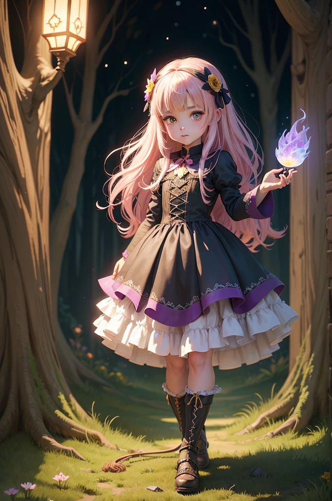 full body, a little witch making cute magic potions, cute flowers, scary trees, 4K resolution, with lamp lights, fantasy, fantasy art, character focus, magic potions detailed, Hand detailed, illustration of a cute girl, cute flowers, scary trees, manga style, kawaii, black, purple, pink, gold, freplace detailed, cute, kawaii, chibi, manga style, illustration, vintage style, epic light,  fantasy, fantasy art, watercolor effect, bokeh, adobe illustrator, hand drawn, digital painting, low-poly, retro aesthetic, character focus, 4K resolution, using 4d cinema, white outline, vivid printing, watercolor painting, illustration, 4k, manga style, detailed binding, detailed potions, Tim Burtons The night before Christmas