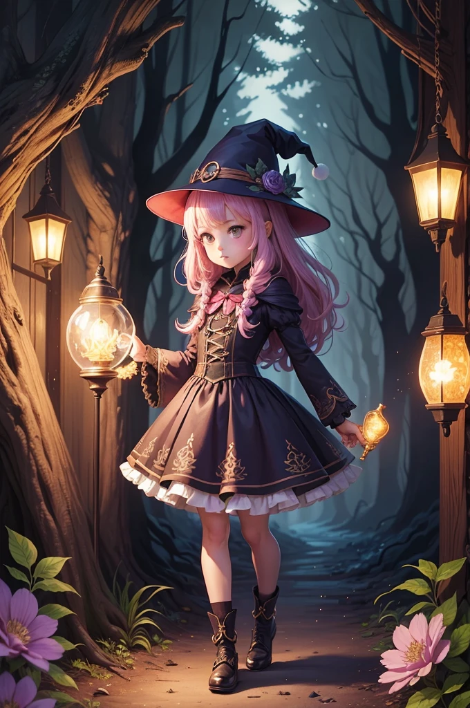 full body, a little witch making cute magic potions, cute flowers, scary trees, 4K resolution, with lamp lights, fantasy, fantasy art, character focus, magic potions detailed, Hand detailed, illustration of a cute girl, cute flowers, scary trees, manga style, kawaii, black, purple, pink, gold, freplace detailed, cute, kawaii, chibi, manga style, illustration, vintage style, epic light, fantasy, fantasy art, watercolor effect, bokeh, adobe illustrator, hand drawn, digital painting, low-poly, retro aesthetic, character focus, 4K resolution, using 4d cinema, white outline, vivid printing, watercolor painting, illustration, 4k, manga style, detailed binding, detailed potions, Tim Burtons The night before Christmas