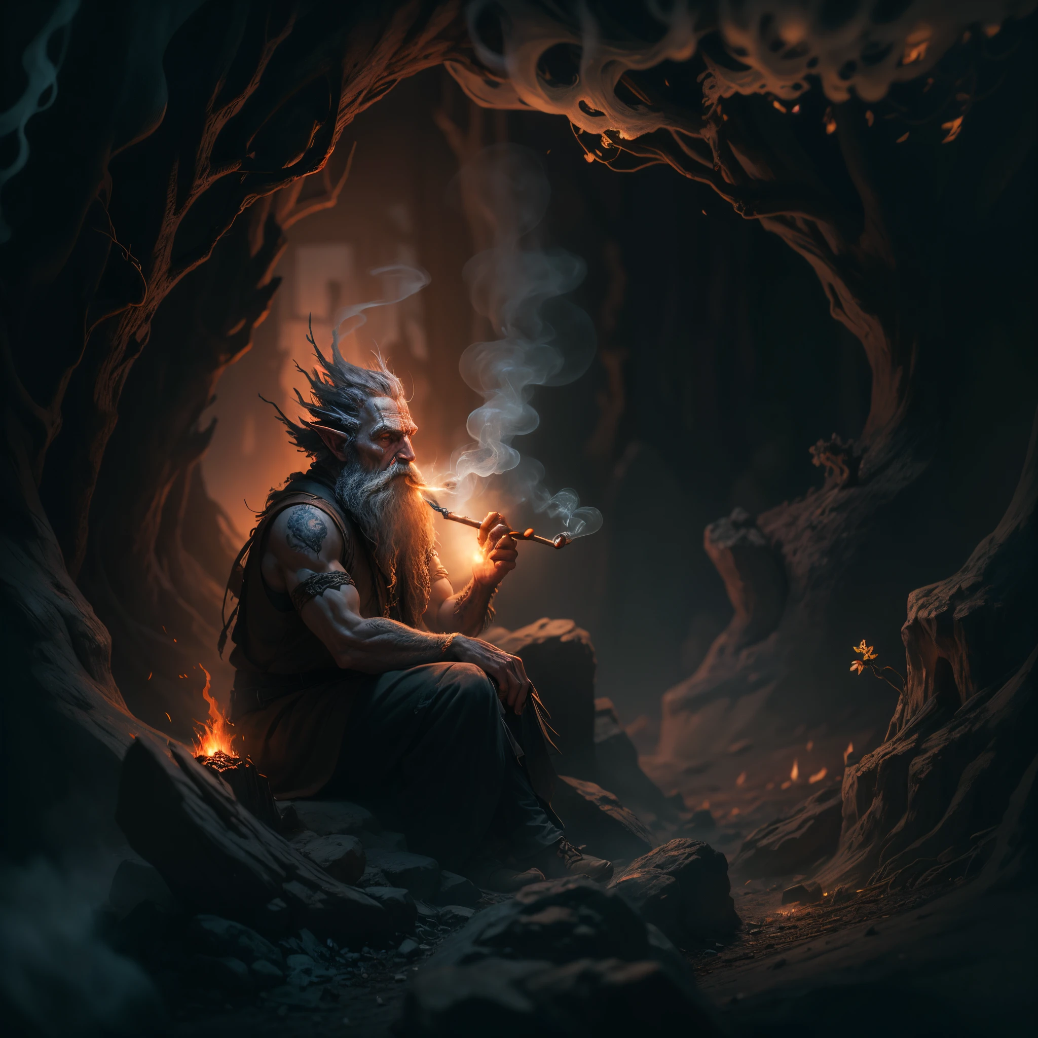 treebeard, from The Lord of the Rings, sitting in a dark cave, smoking a pipe, illuminated by the embers, ethereal smoke curls, fantasy, hyper-detailed, digital painting, cinematic lighting 4k resolution, atmospheric
