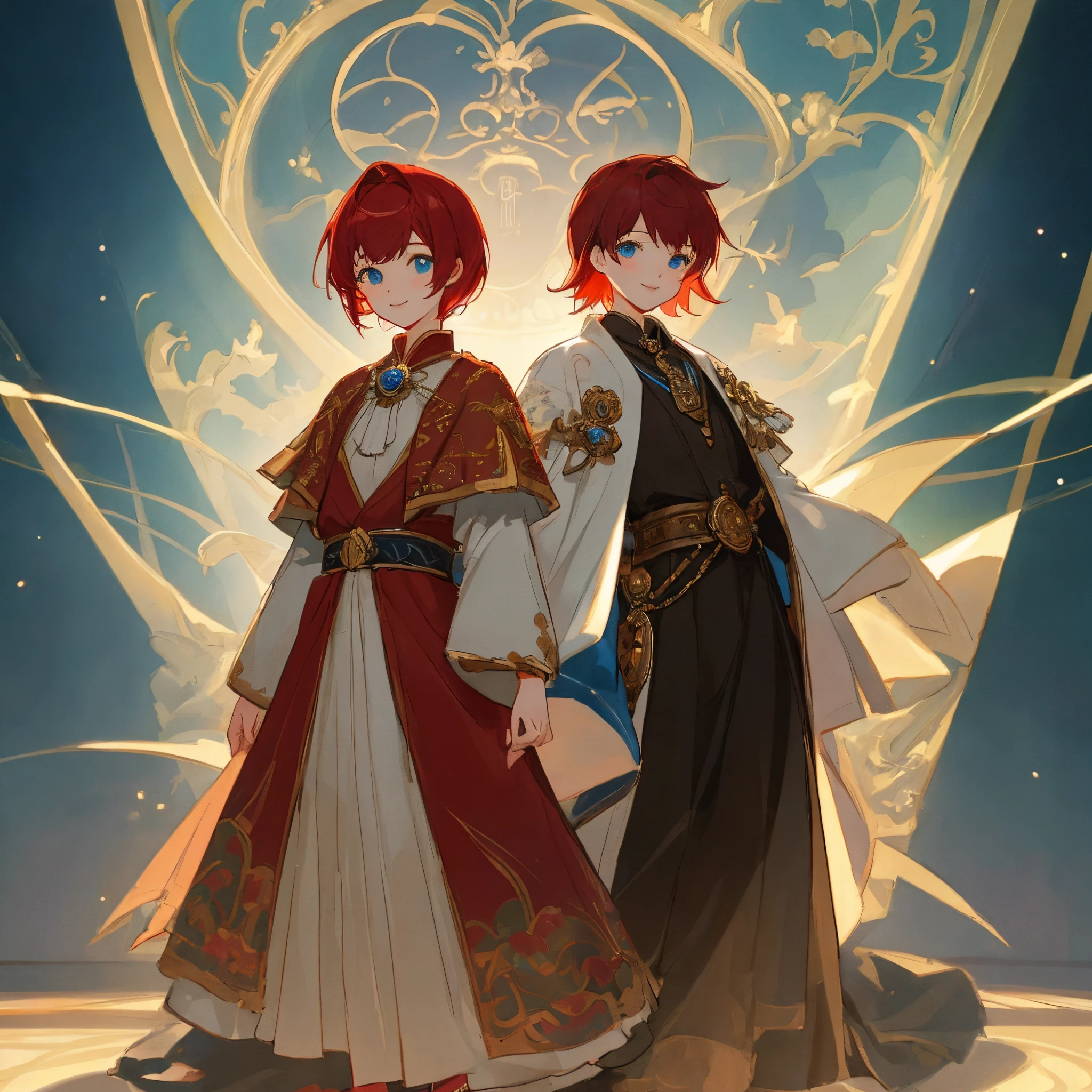 top-quality、Top image quality、masterpiece、超A high resolution、Android Beautiful Girl、, Pop idol style clothes that glow red, black chest brooch、Red hair、short-haired,Blue eyes、A slender、The face is depicted in detail、Eyes are drawn in detail、Clothes are depicted in detail、The background is detailed、hiquality、Beautiful Art、Fantastic Universe、Elaborate design、soio、is standing、sorcerer、kindly smile、animesque、illustratio、Full body front