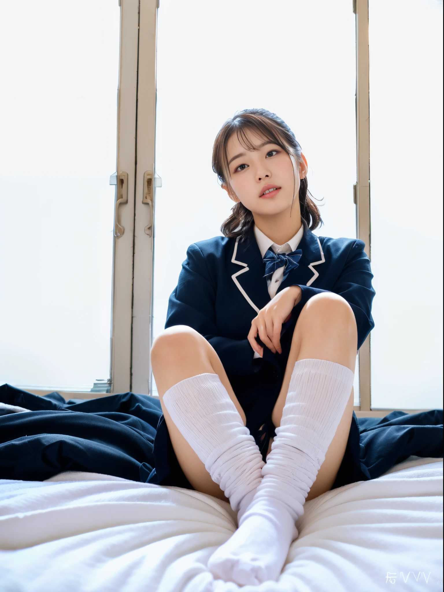 ulzzang -6500-v1.1, (Raw foto:1.2), (Photorealsitic:1.4), a beautiful detailed girl, extremely detailed eye and face, beatiful detailed eyes、ighly detailed, top-quality, [​masterpiece:1.6], finely detail, Cinematographic lighting, 1girl in、、(Cute Japan high school girl)、perfect body type、[JK school uniform、(cleavage of the breast)、Japanese high school  girl、Taking off your skirt:1.8]、[ultra gigantic tits、I-Cup:1.8]、(Sweating and getting wet)、[sexual excitement:1.4]、(Sitting on the bed、Unbutton your uniform:1.4)、(snow-white thin panties)、(Uniform bow tie)、(Well-formed face、big eye:1.4), white loose socks, white baggy socks, loafers