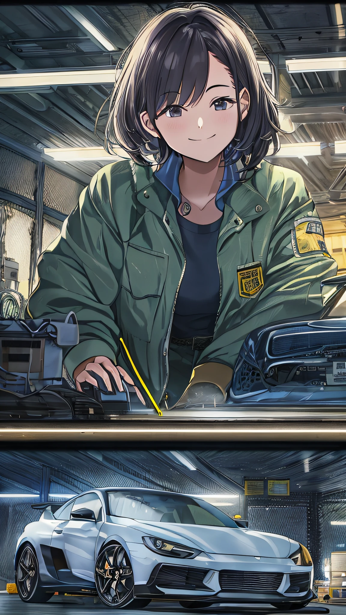 20-year-old woman working in a car repair shop、a smile、Coveralls、short-hair、sports car on the background、Backlight illumination