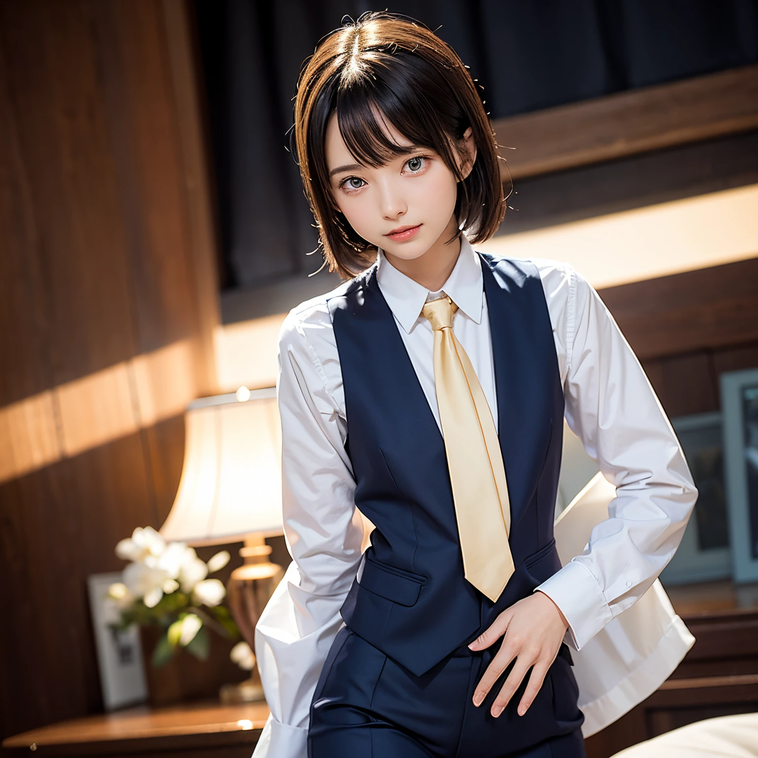 (masutepiece, Best Quality:1.2), 8K, Official art, Full body photo, full body Esbian、Fashionable background、luxurious backdrop、Emma fastening her tie.trouser、Cute smile、cute butt、Suits、A dark-haired、14years、small tits、A delightful、A smile、unbelievable Ridiculous, (Upper body, Dark blue suit:Cute Tie 1.4), Beautiful Girl, Pretty Face, arching back down, cute butt、Gold hair ornament on hair、Wearing a cute suit、close up, Wearing a suit, Short sleeve, gardenia, violaceaess, Teen,, Looking at Viewer, Film grain, chromatic abberation, Sharp Focus, face lights, Dynamic lighting, Cinematic lighting, Eyes and faces with detailed, Bokeh background, (Tie with Emma written on it、1 copy:1.2)
