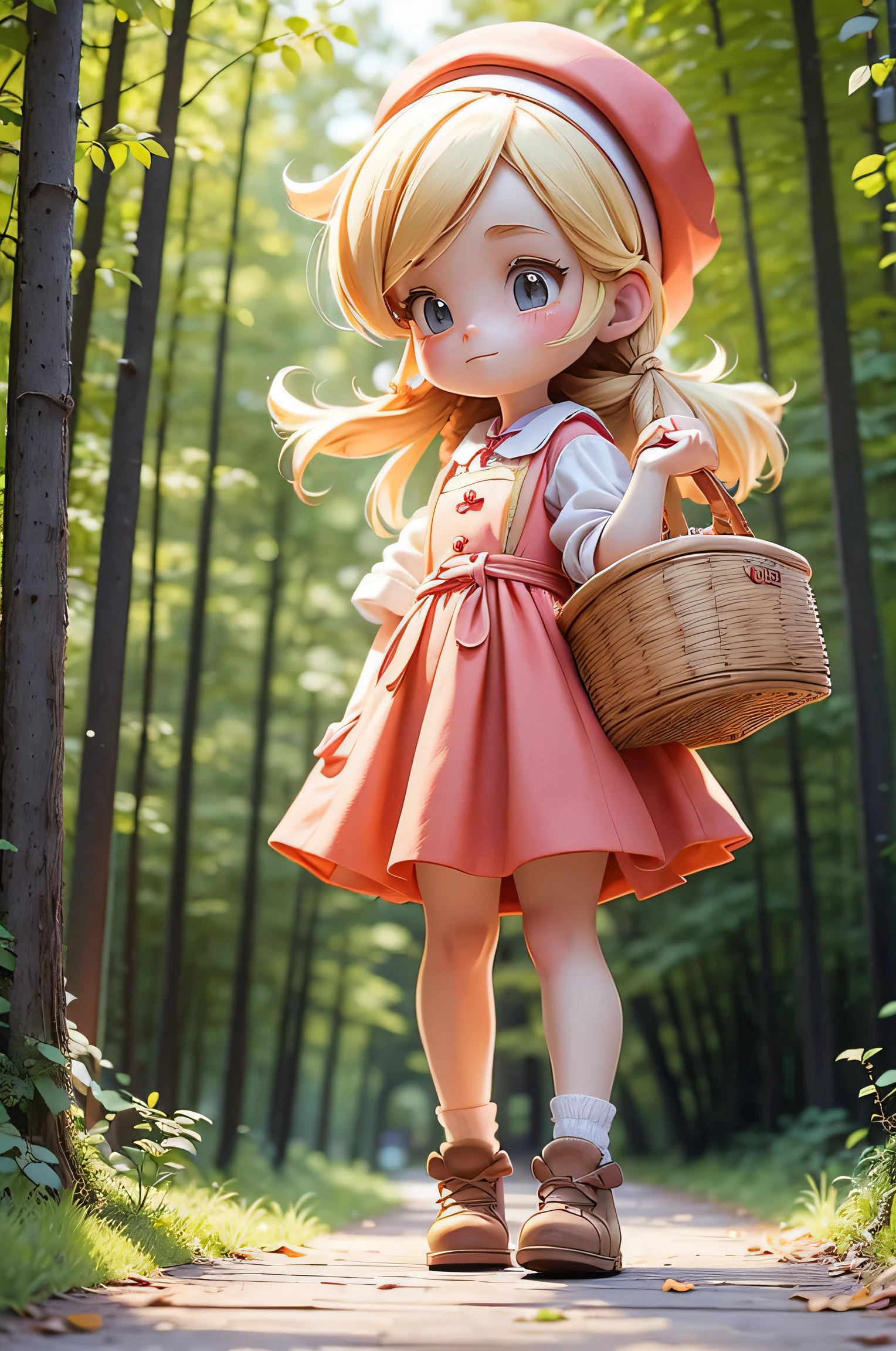 A cute blonde-haired girl with a red cap is walking along a sunny forest path, dressed in a peasant dress and apron. She is wearing wooden shoes and carrying a basket of pastries. The portrait should be of the best quality with high resolution, in Disney style.