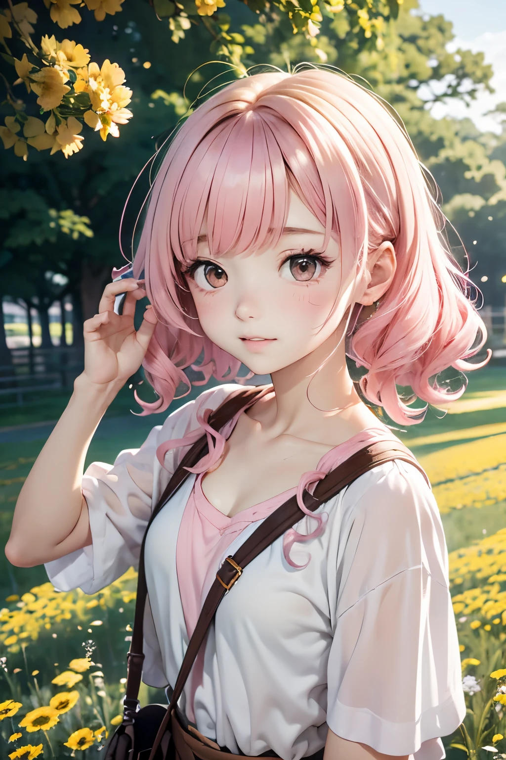 ************ girl, with pink curly hair, Dressed in white, it makes him look like a student, he has a vaccine in his hand, He is in a field of pink and yellow flowers. Anime style