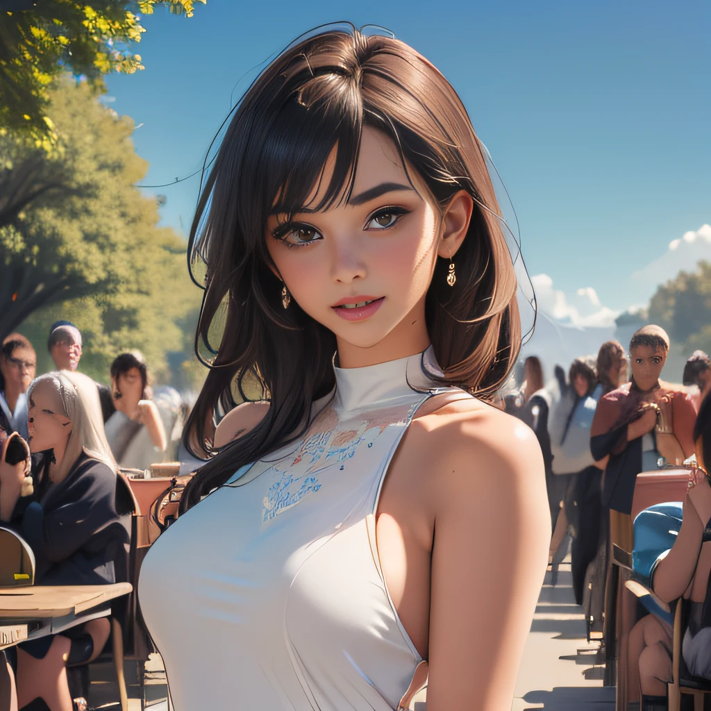 (Extremely detailed 8k wallpaper:2), (photo:2), (soigne Beautiful girl:2), (gives a lecture to friends:2), detailed (Face and eyes), (hyper realistic:1), (highly detailed:1), (epic realistic:1), rim light, (maximum details:1), cozy, (fullbody:1.3), (looking at viewer:2.0), (Woman's Attractive Qualities:2), (Attractive Woman:2), (Attractive:2), Smile, Intelligence, Empathy, Gracefulness, Sense of Style, Fitness, Grooming, Optimism, (Sensitivity:2), Sincerity, Romantic Gestures, Playfulness, Fashion Sense, (Sensuality:2), Charm, Modesty, Thoughtfulness, (Femininity:1), Flirtatiousness, Warmth, (Physical attractiveness:2), A beautiful smile, A love of life, strength and power, vulnerability, curiosity, wonder, love, (nature background:2), kawaii, waifu, Beautiful breasts, (attractive body:2), (Beautiful body:2), Beautiful pose, attractive pose, (Beautiful legs:1.0), (spread legs:1.0), (Beautiful clothes:1), (classic clothes:2), (elegant clothes:2), (European clothes:2), detailed clothes, (skirt:1), (blouse:1), (provocative pose)