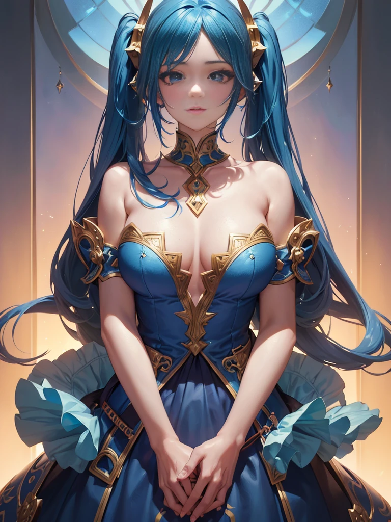 1 girl, Sona \(league of legends\), blue hair, blue eyes, gradient hair, collarbone, twintails, hair ornament, long hair, blue dress, breasts, holding a newborn baby, blue long hair. ((masterpiece)), ((highly intricate details)),beautiful, high quality, highres, absurdres, light difussion, intricate details, complex details, ((anime)), (anime:1.5) , (perfect face:1.3), extreme detailed eyes, colorful, highest detailed, vibrant colors, high contrast, (8K UHD:1.2), (photorealistic:1.2),(masterpiece:1.4), (best quality:1.4),extremely detailed wallpaper, highly detailed illustrations, ((1 Boy:1.5)), (best lighting) , (super-complex details) , 4K unified, (super-detailed CG: 1.2)