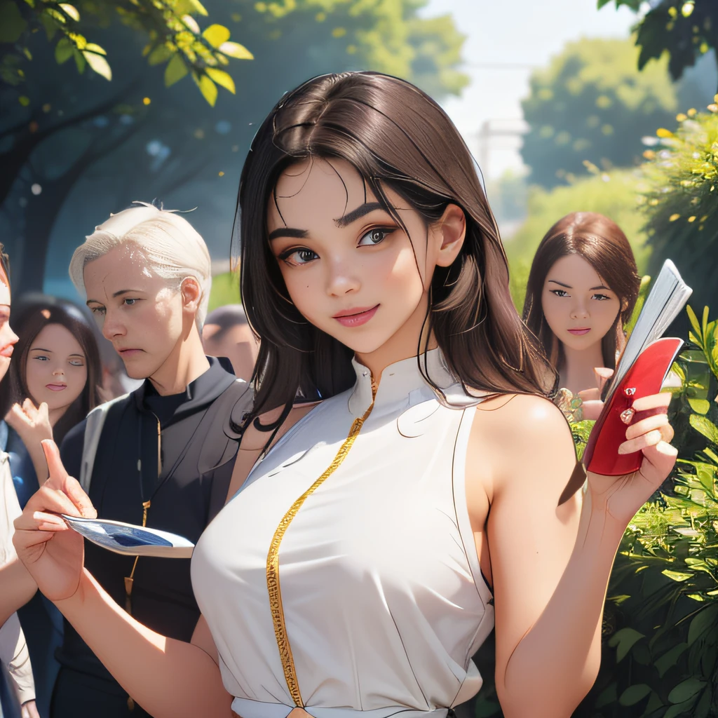 sfw, (Extremely detailed 8k wallpaper:2), (photo:2), (soigne Beautiful girl:2), (gives a lecture to friends:2), detailed (Face and eyes), (hyper realistic:1), (highly detailed:1), (epic realistic:1), rim light, (maximum details:1), cozy, (fullbody:1.3), (looking at viewer:2), (Woman's Attractive Qualities:2), (Attractive Woman:2), (Attractive:2), Smile, Intelligence, Empathy, Gracefulness, Sense of Style, Fitness, Grooming, Optimism, (Sensitivity:2), Sincerity, Romantic Gestures, Playfulness, Fashion Sense, (Sensuality:2), Charm, Modesty, Thoughtfulness, (Femininity:1), Flirtatiousness, Warmth, (Physical attractiveness:2), A beautiful smile, A love of life, strength and power, vulnerability, curiosity, wonder, love, (nature background:2), kawaii, waifu, Beautiful breasts, (attractive body:2), (Beautiful body:2), Beautiful pose, attractive pose, (Beautiful legs:1.0), (spread legs:1.0), (Beautiful clothes:1), (classic clothes:2), (elegant clothes:2), (European clothes:2), detailed clothes, (skirt:1), (blouse:1), (provocative pose)