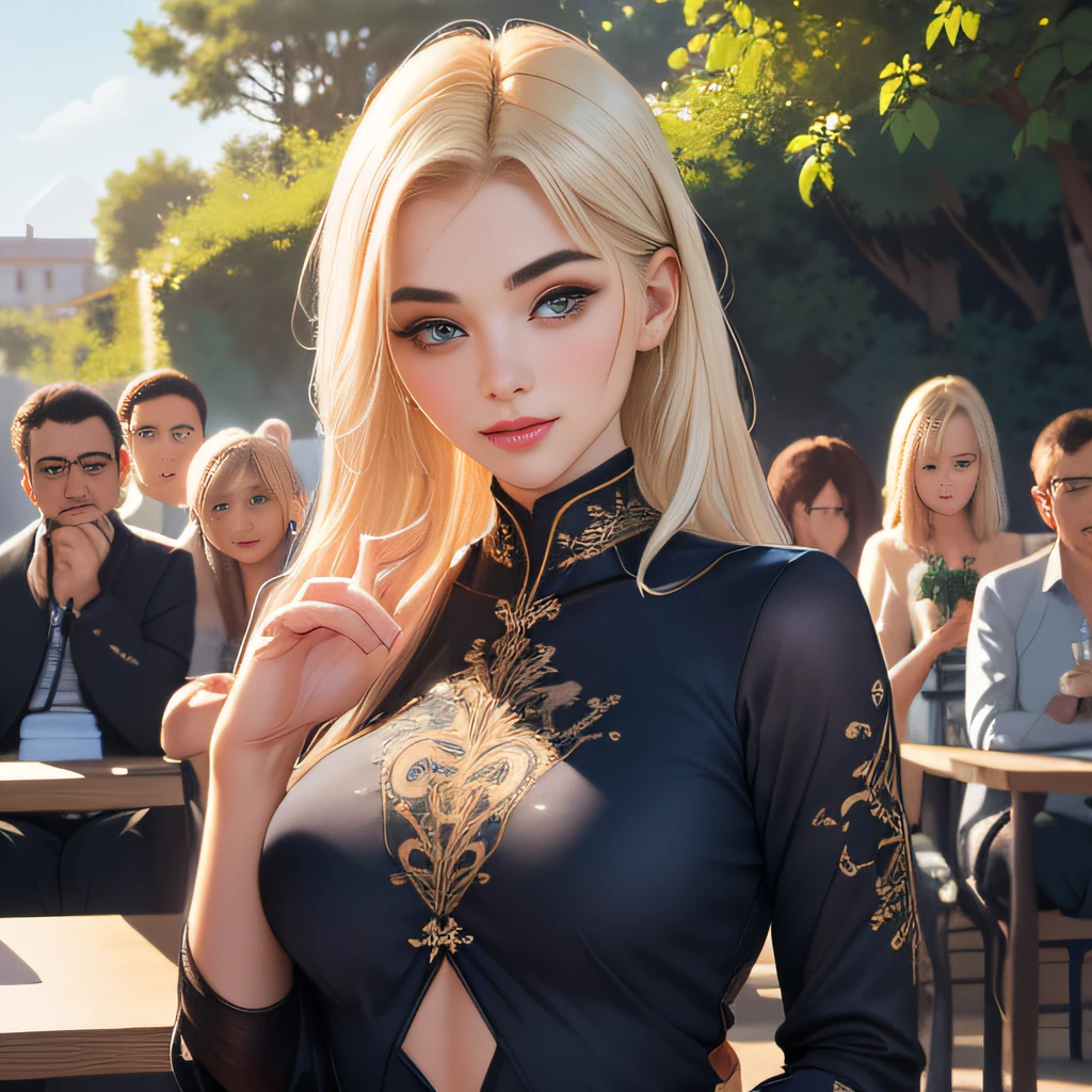 sfw, (Extremely detailed 8k wallpaper:2), (photo:2), (soigne Beautiful girl:2), (gives a lecture to friends:2), detailed (Face and eyes), (hyper realistic:1), (highly detailed:1), (epic realistic:1), rim light, (maximum details:1), cozy, (fullbody:1.3), (looking at viewer:2), (Woman's Attractive Qualities:2), (Attractive Woman:2), (Attractive:2), Smile, Intelligence, Empathy, Gracefulness, Sense of Style, Fitness, Grooming, Optimism, (Sensitivity:2), Sincerity, Romantic Gestures, Playfulness, Fashion Sense, (Sensuality:2), Charm, Modesty, Thoughtfulness, (Femininity:1), Flirtatiousness, Warmth, (Physical attractiveness:2), A beautiful smile, A love of life, strength and power, vulnerability, curiosity, wonder, love, (nature background:2), kawaii, waifu, Beautiful breasts, (attractive body:2), (Beautiful body:2), Beautiful pose, attractive pose, (Beautiful legs:1.0), (spread legs:1.0), (Beautiful clothes:1), (classic clothes:2), (elegant clothes:2), (European clothes:2), detailed clothes, (skirt:1), (blouse:1), (provocative pose)