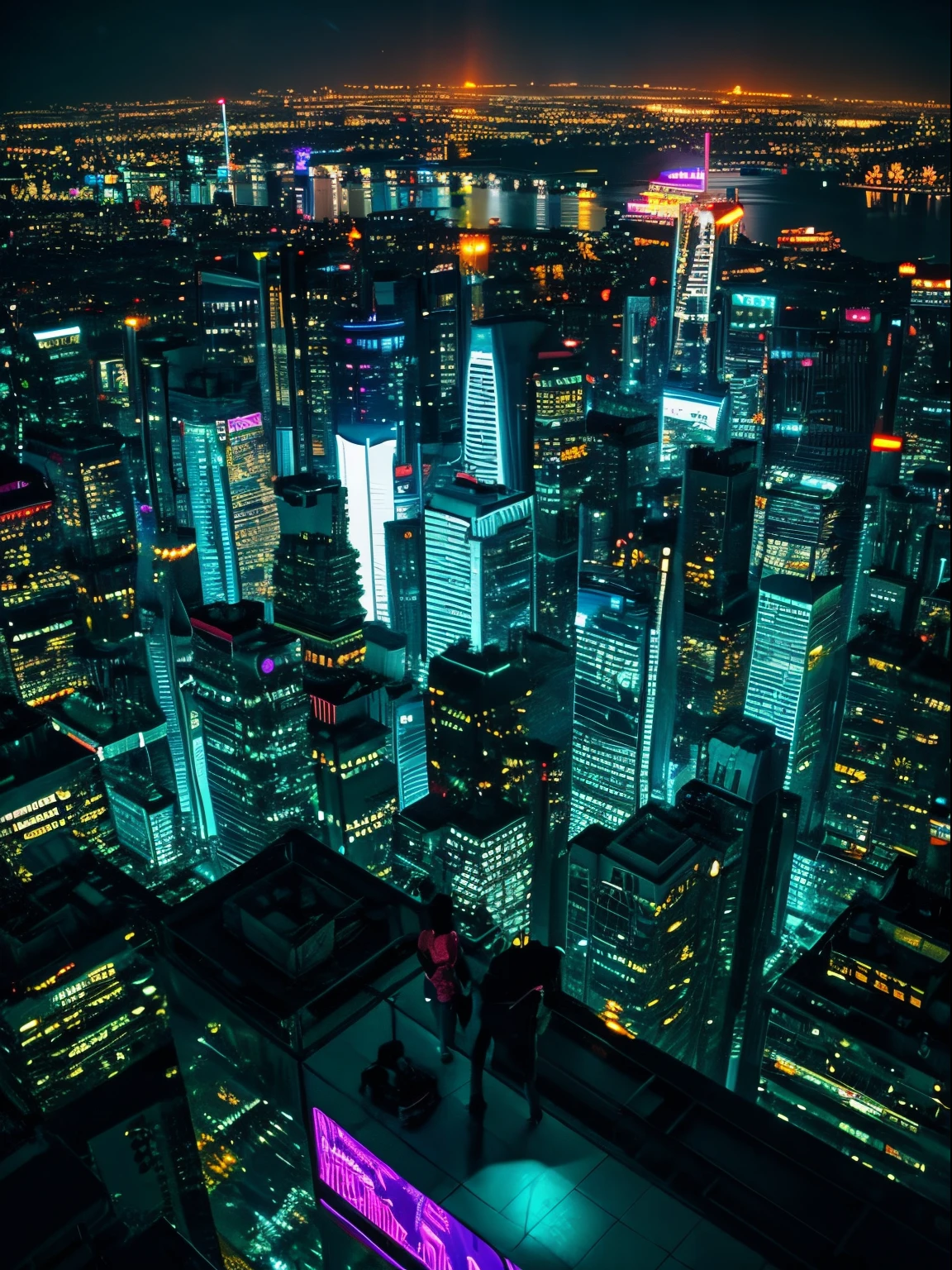 Cyberpunk skyscraper neon city night view looking down from above