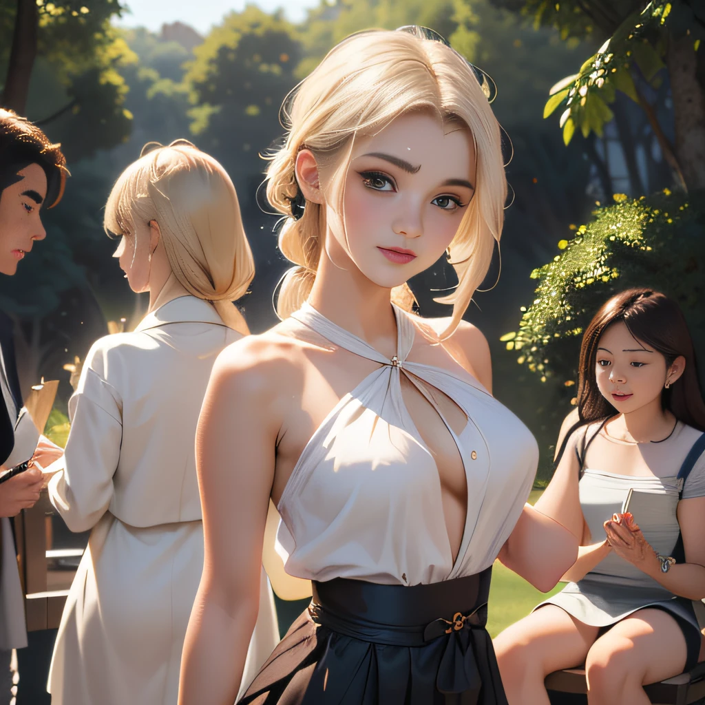 sfw, (Extremely detailed 8k wallpaper:2), (photo:2), (soigne Beautiful girl:2), (gives a lecture to friends:2), detailed (Face and eyes), (hyper realistic:1), (highly detailed:1), (epic realistic:1), rim light, (maximum details:1), cozy, (fullbody:1.3), (looking at viewer:2), (Woman's Attractive Qualities:2), (Attractive Woman:2), (Attractive:2), Smile, Intelligence, Empathy, Gracefulness, Sense of Style, Fitness, Grooming, Optimism, (Sensitivity:2), Sincerity, Romantic Gestures, Playfulness, Fashion Sense, (Sensuality:2), Charm, Modesty, Thoughtfulness, (Femininity:1), Flirtatiousness, Warmth, (Physical attractiveness:2), A beautiful smile, A love of life, strength and power, vulnerability, curiosity, wonder, love, (nature background:2), kawaii, waifu, Beautiful breasts, (attractive body:2), (Beautiful body:2), Beautiful pose, attractive pose, (Beautiful legs:1.0), (spread legs:1.0), (Beautiful clothes:1), (classic clothes:2), (elegant clothes:2), (European clothes:2), detailed clothes, (skirt:1), (blouse:1), (provocative pose)