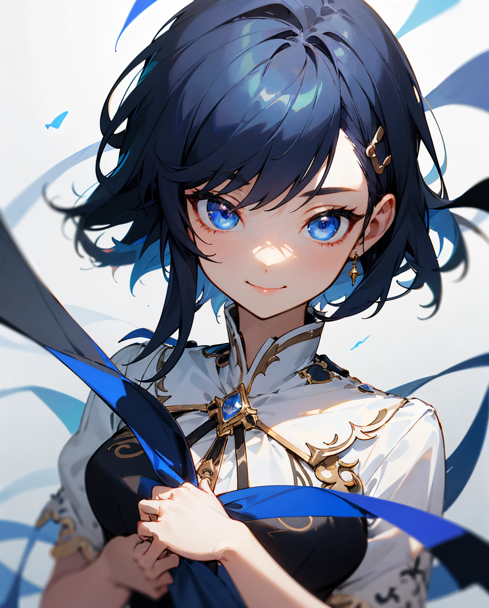 top-quality、Top image quality、masterpiece、超A high resolution、Android Beautiful Girl、, Pop idol style clothes that shine white, black chest brooch、Indigo hair、short-haired,Blue eyes、A slender、The face is depicted in detail、Eyes are drawn in detail、Clothes are depicted in detail、The background is detailed、hiquality、Beautiful Art、Fantasia、Elaborate design、soio、sorcerer、kindly smile、animesque、illustratio、Full body front