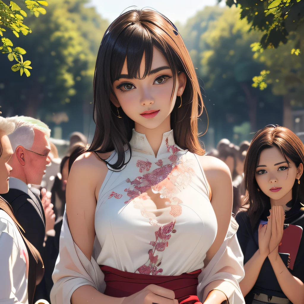 sfw, (Extremely detailed 8k wallpaper:2), (photo:2), (soigne Beautiful girl:2), (gives a lecture to friends:2), detailed (Face and eyes), (hyper realistic:1), (highly detailed:1), (epic realistic:1), rim light, (maximum details:1), cozy, (fullbody:1.3), (looking at viewer:2), (Woman's Attractive Qualities:2), (Attractive Woman:2), (Attractive:2), Smile, Intelligence, Empathy, Gracefulness, Sense of Style, Fitness, Grooming, Optimism, (Sensitivity:2), Sincerity, Romantic Gestures, Playfulness, Fashion Sense, (Sensuality:2), Charm, Modesty, Thoughtfulness, (Femininity:1), Flirtatiousness, Warmth, (Physical attractiveness:2), A beautiful smile, A love of life, strength and power, vulnerability, curiosity, wonder, love, (nature background:2), kawaii, waifu, Beautiful breasts, (attractive body:2), (Beautiful body:2), Beautiful pose, attractive pose, (Beautiful legs:1.0), (spread legs:1.0), (Beautiful clothes:1), (classic clothes:2), (elegant clothes:2), (European clothes:2), detailed clothes, (skirt:1), (blouse:1), (provocative pose)