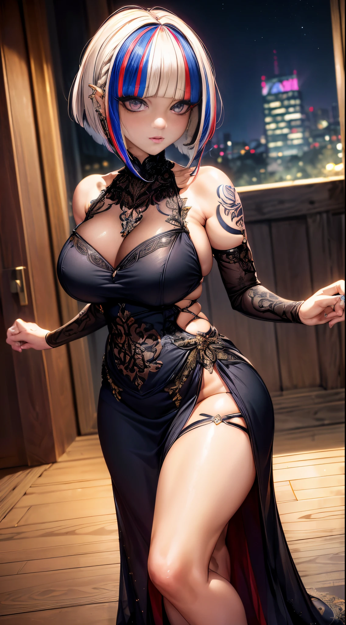 1girl,masterpiece, best quality, ultra-detailed, beautiful detailed,  (Short bob hair), (((blunt bangs))), (((streaked hair))), (((piercing jewelry))),  ((long eyelashes, thick eyelashes)), ((audacious temperament)),  ((party dress)) ,Breast Expansion, night_sky, tattooed, full body,