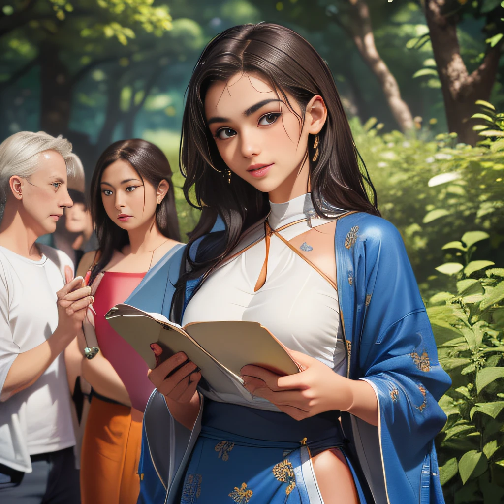sfw, (Extremely detailed 8k wallpaper:2), (photo:2), (soigne Beautiful girl:2), (gives a lecture to friends:2), detailed (Face and eyes), (hyper realistic:1), (highly detailed:1), (epic realistic:1), rim light, (maximum details:1), cozy, (fullbody:1.3), (looking at viewer:2), (Woman's Attractive Qualities:2), (Attractive Woman:2), (Attractive:2), Smile, Intelligence, Empathy, Gracefulness, Sense of Style, Fitness, Grooming, Optimism, (Sensitivity:2), Sincerity, Romantic Gestures, Playfulness, Fashion Sense, (Sensuality:2), Charm, Modesty, Thoughtfulness, (Femininity:1), Flirtatiousness, Warmth, (Physical attractiveness:2), A beautiful smile, A love of life, strength and power, vulnerability, curiosity, wonder, love, (nature background:2), kawaii, waifu, Beautiful breasts, (attractive body:2), (Beautiful body:2), Beautiful pose, attractive pose, (Beautiful legs:1.0), (spread legs:1.0), (Beautiful clothes:1), (classic clothes:2), (elegant clothes:2), (European clothes:2), detailed clothes, (skirt:1), (blouse:1), (provocative pose)