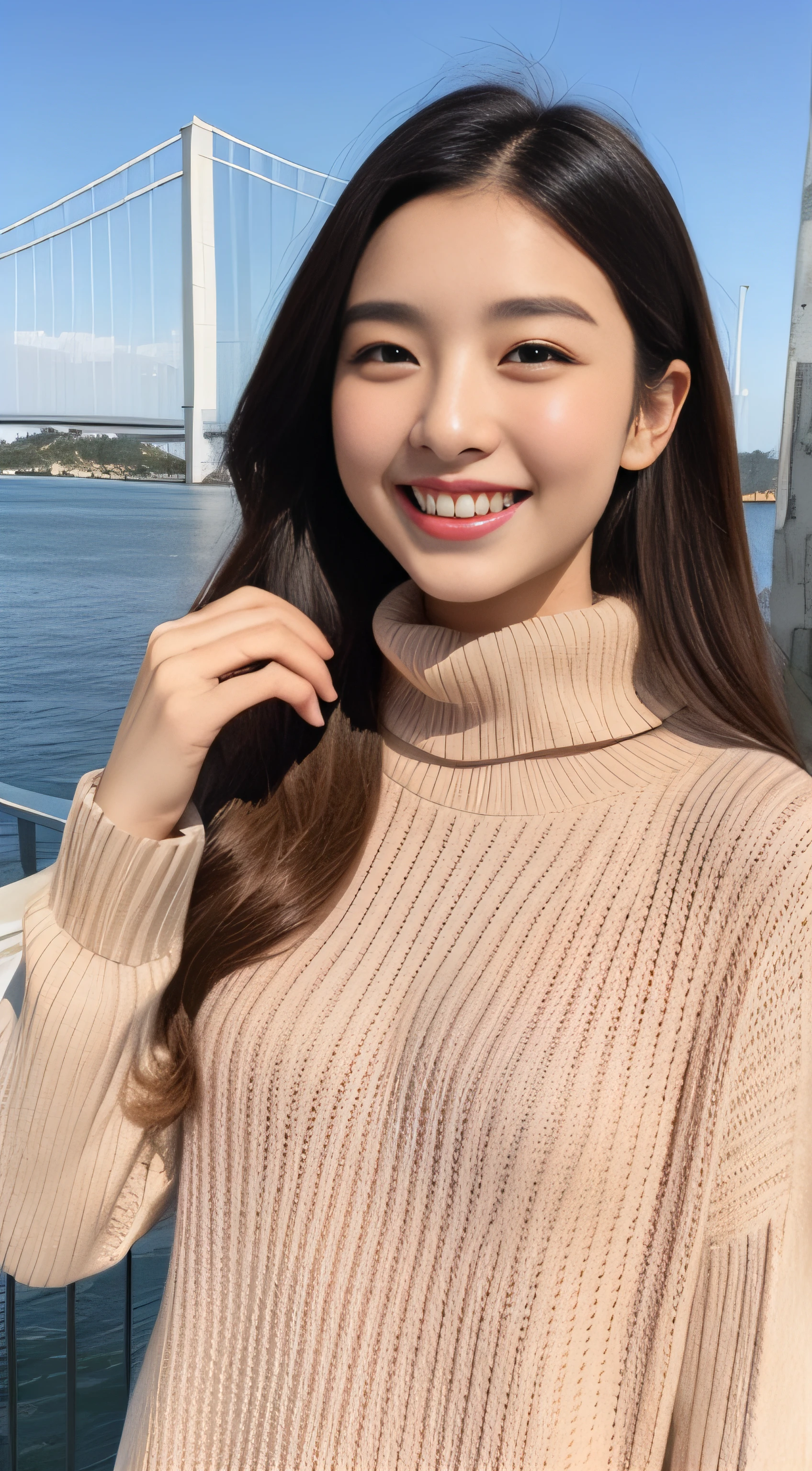 The face is a hostess、Wear a turtleneck sweater、hiquality、A hyper-realistic、healthy、Smiling expression、Slender perfect figure、Japan beauties、beautidful eyes、face perfect、Beautiful skin、The upper part of the body、Yokohama Bay Bridge