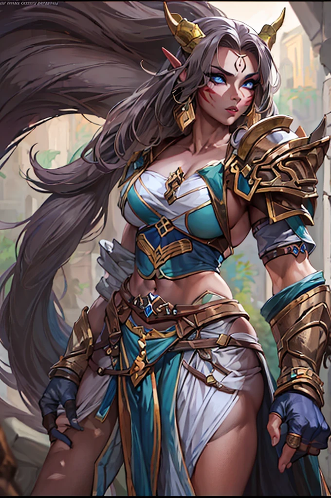 (masterpiece:1.2), (best quality:1.2), perfect eyes, perfect face, perfect lighting, 1girl, mature female, draenei, tail, muscular, abs, scars, markings, horns, armor, fur, pauldrons, fingerless gauntlets, belt, straps, skindentation, cloak, detailed outdoor background, massive breasts, makeup, eyeshadow, thick eyelashes, fantasy, (wide hips:1.4), (big buttocks:1.4), (thick thighs:1.4), (small waist:1.4), (gigantic breasts:1.4)