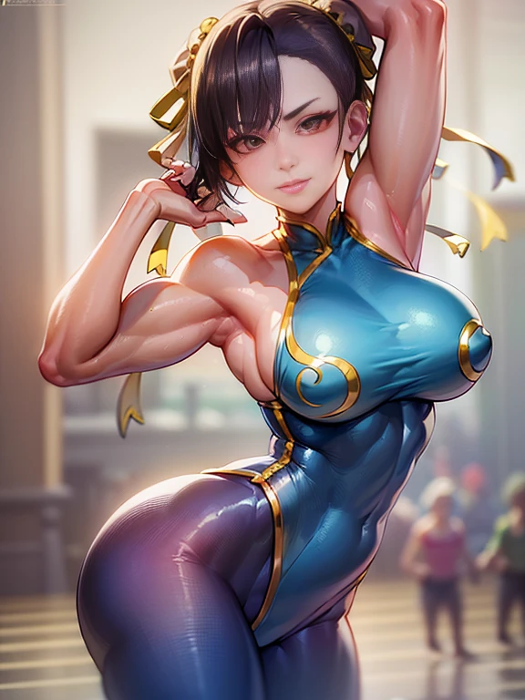 (masterpiece, best quality:1.4), (standing on one leg:1.2), (standing split:1.3), 1girl, solo, sfa chun, blue vest, unitard, blue pants, skintight, yellow ribbon, short hair, sneakers, bare shoulders, looking at viewer, beautifull smile, beautiful face, highly detailed face, highly detailed eyes, subsurface scattering, realistic pupils, full face blush, full lips, detailed background, depth of field, volumetric lighting, sharp focus, absurdres, realistic proportions, 16k hdr, fullbody, hand holding one leg up, street fighter, musclar, abs, flexible, gym, toned, musclar legs, detailed legs, detailed body
