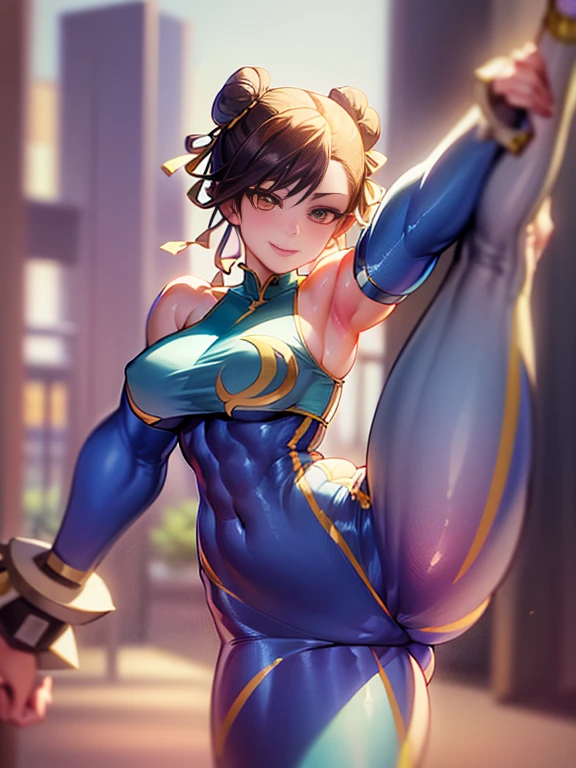 (masterpiece, best quality:1.4), (standing on one leg:1.2), (standing split:1.3), 1girl, solo, sfa chun, blue vest, unitard, blue pants, skintight, yellow ribbon, short hair, sneakers, bare shoulders, looking at viewer, beautifull smile, beautiful face, highly detailed face, highly detailed eyes, subsurface scattering, realistic pupils, full face blush, full lips, detailed background, depth of field, volumetric lighting, sharp focus, absurdres, realistic proportions, 16k hdr, fullbody, hand holding one leg up, street fighter, musclar, abs, flexible, gym, toned, musclar legs, detailed legs, detailed body