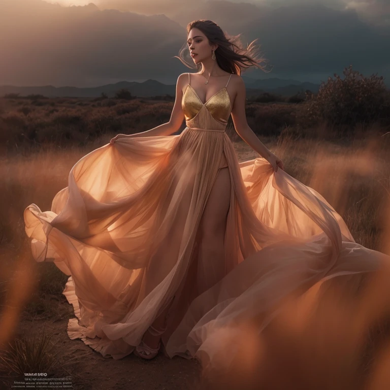 Arad mujer vestida de pie en el campo,Llevar un vestido largo y fluido, vestido flotante, Flowinggown, Marc Adamus, Impresionante pose elegante, Hermosa tela fluida, Ethereal Beauty, usar vestido fluido, tela fluida, fine art fashion photography, Dramatic and elegant pose, cinematic goddess shot, Ethereal backlight, Bathed in a golden glow, envuelto en tela fluida,The sky is cloudy