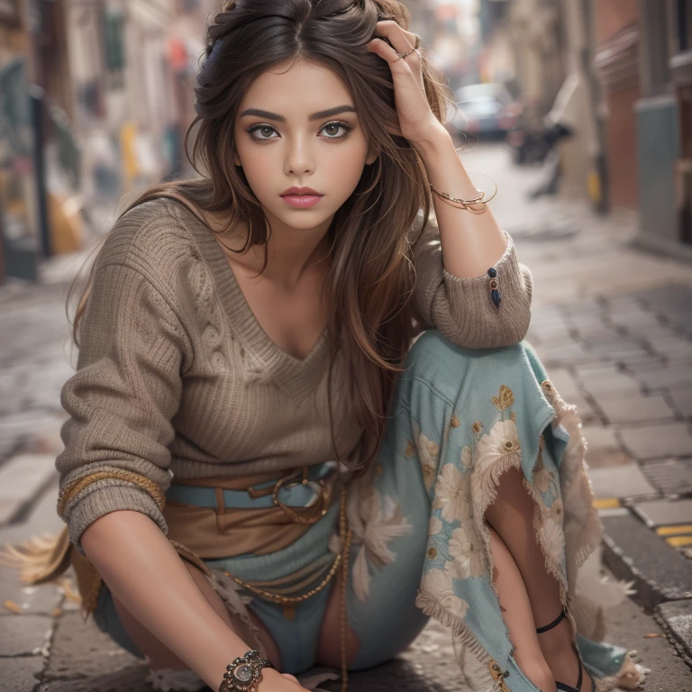 Create the most beautiful woman image, Compared to South America,Creel, Beautiful teen girl are the most beautiful, Pretty girl, Mujer bonita, arte (imagen:1.3), (Estilo de portada:1.3), modaab, Mujer, Vibrante, vestimenta, posando en un firmamento  dramatico, posando como wifu,  frente, De color, fondo, asombroso, moderno, trendy, moda, Cara detallada, Piel impecable, ojos detallados, ojos perfectos, sexy young, full body, shoot, on the floor