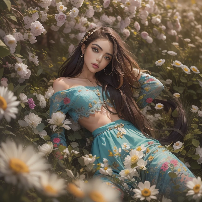 Create the most beautiful woman image, Compared to South America,Creel, Beautiful teen girl are the most beautiful, Pretty girl, Mujer bonita, arte (imagen:1.3), (Estilo de portada:1.3), modaab, Mujer, Vibrante, vestimenta, posando en un firmamento  dramatico, posando como wifu,  frente, De color, fondo, asombroso, moderno, trendy, moda, Cara detallada, Piel impecable, ojos detallados, ojos perfectos, sexy young, full body, shoot, on the floor, among hills of flowers, bokeh dramatico, flowing glown,