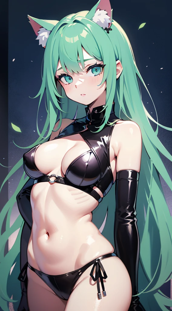 Young girls, cheveux gris courts, Cyan eyes, Cat ears, pale-skinned, The clothes ar, open belly, tmasterpiece, high qulity